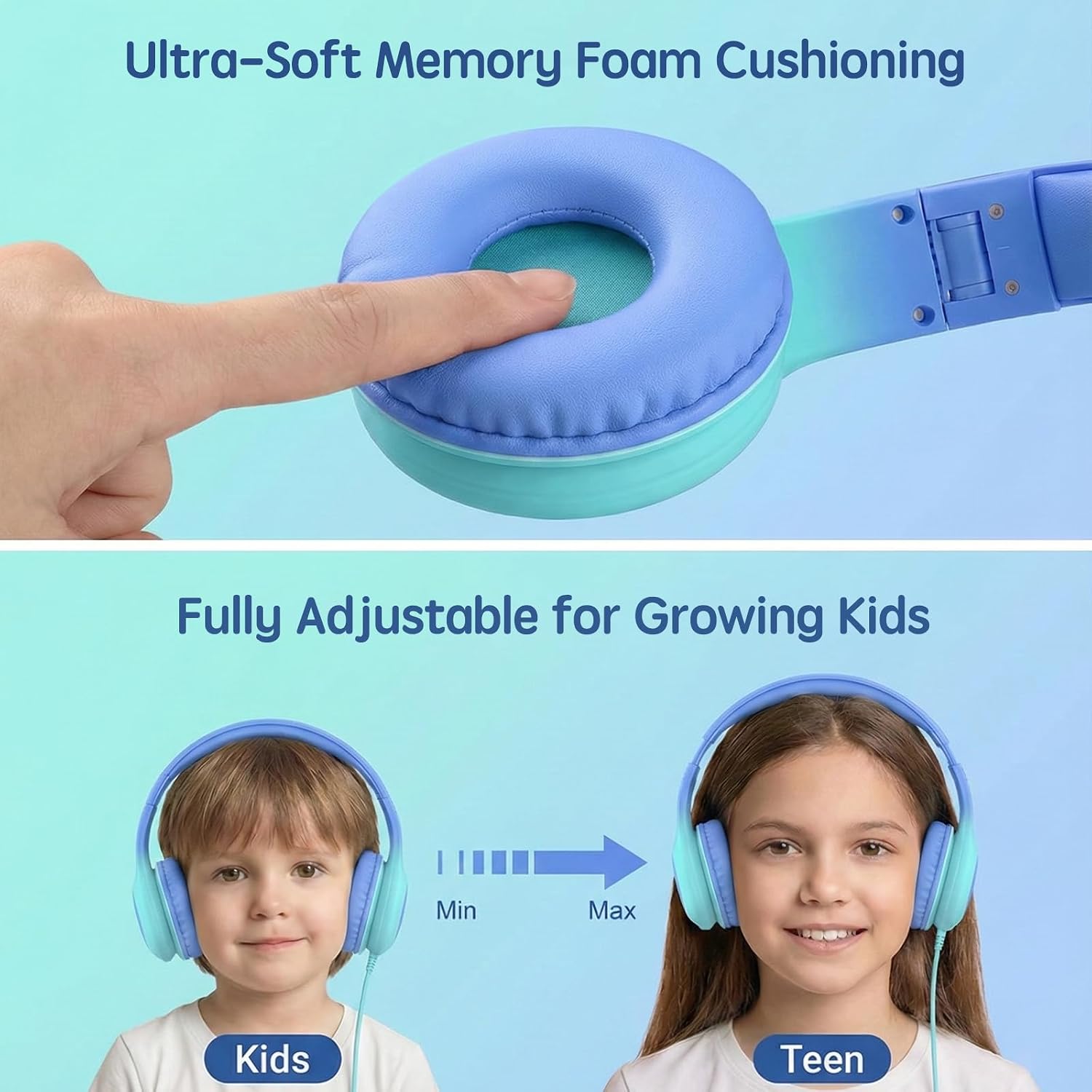Detalle de ADOOPE Wired Kids Headphones (USB-C Plug) with 85dB Safe Volume Limit — Sky Blue & Mint Green (No Microphone)