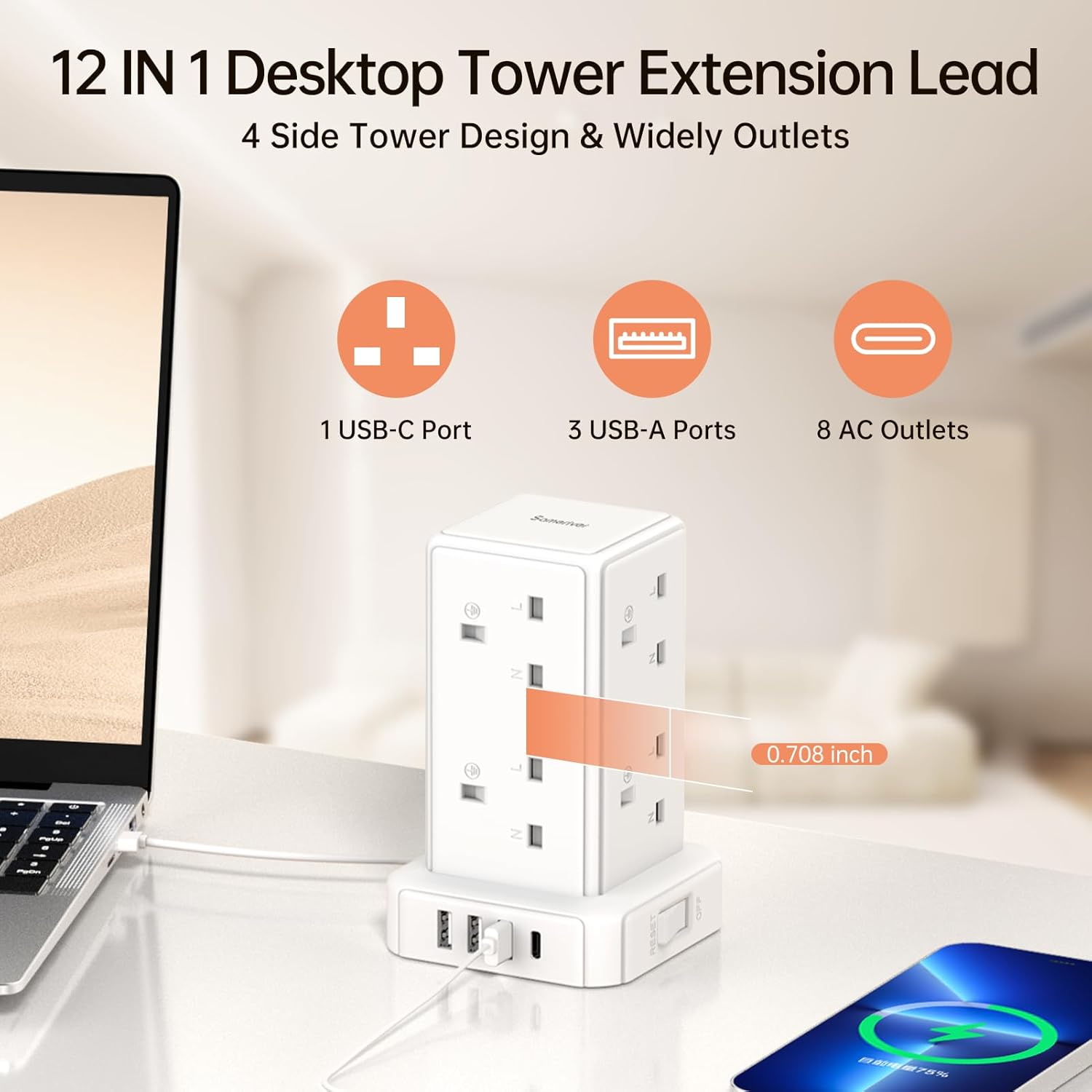 Thumbnail 1 de Tower Extension Lead 5M — 8 AC Outlets and 4 USB Ports with Surge Protection