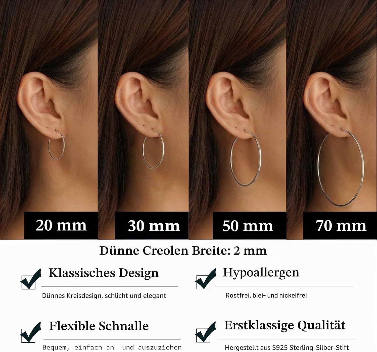 Detalle 2 de Senteria 2mm Silber Creolen 925 Ohrringe Damen