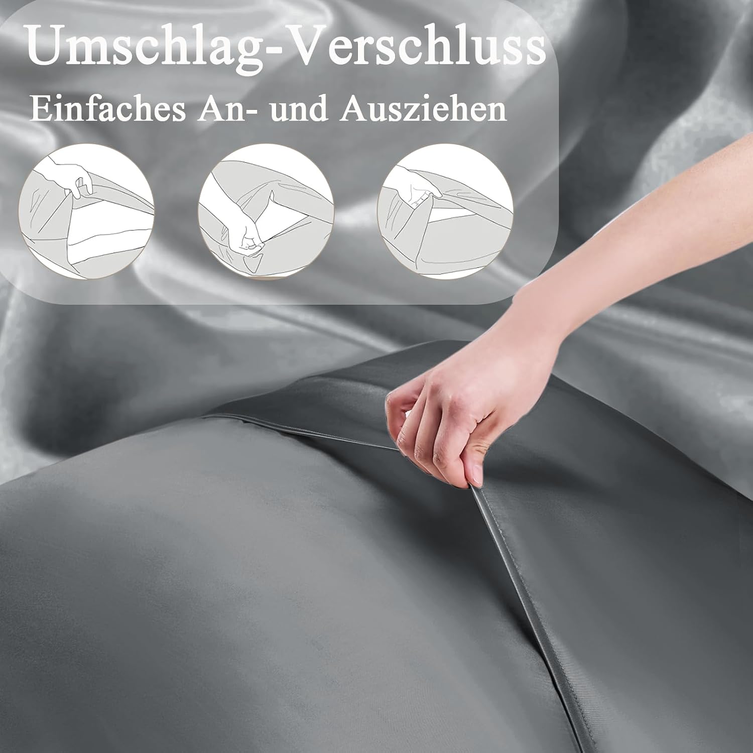 Detalle 2 de Vielit Satin Kissenbezug 80x80 im 2er-Set & 2 Haargummis, dunkelgrau