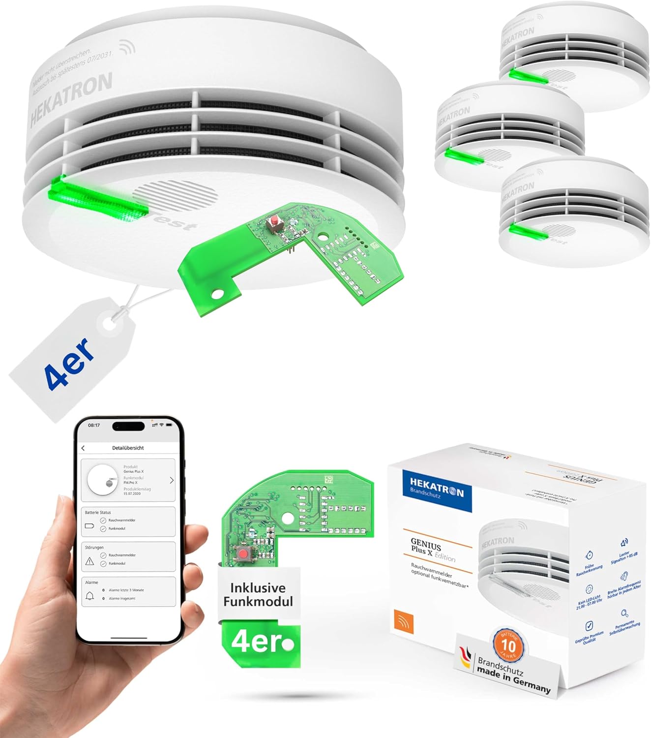 Detalle de Hekatron Genius Plus X – Vernetzter Rauchmelder mit 10 Jahren Batterie (4er-Pack)