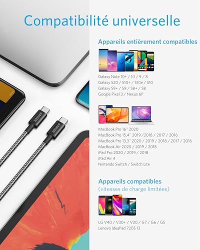Thumbnail 1 de Anker Câble USB-C vers USB-C 100 W — 3 m, Noir, nylon résistant