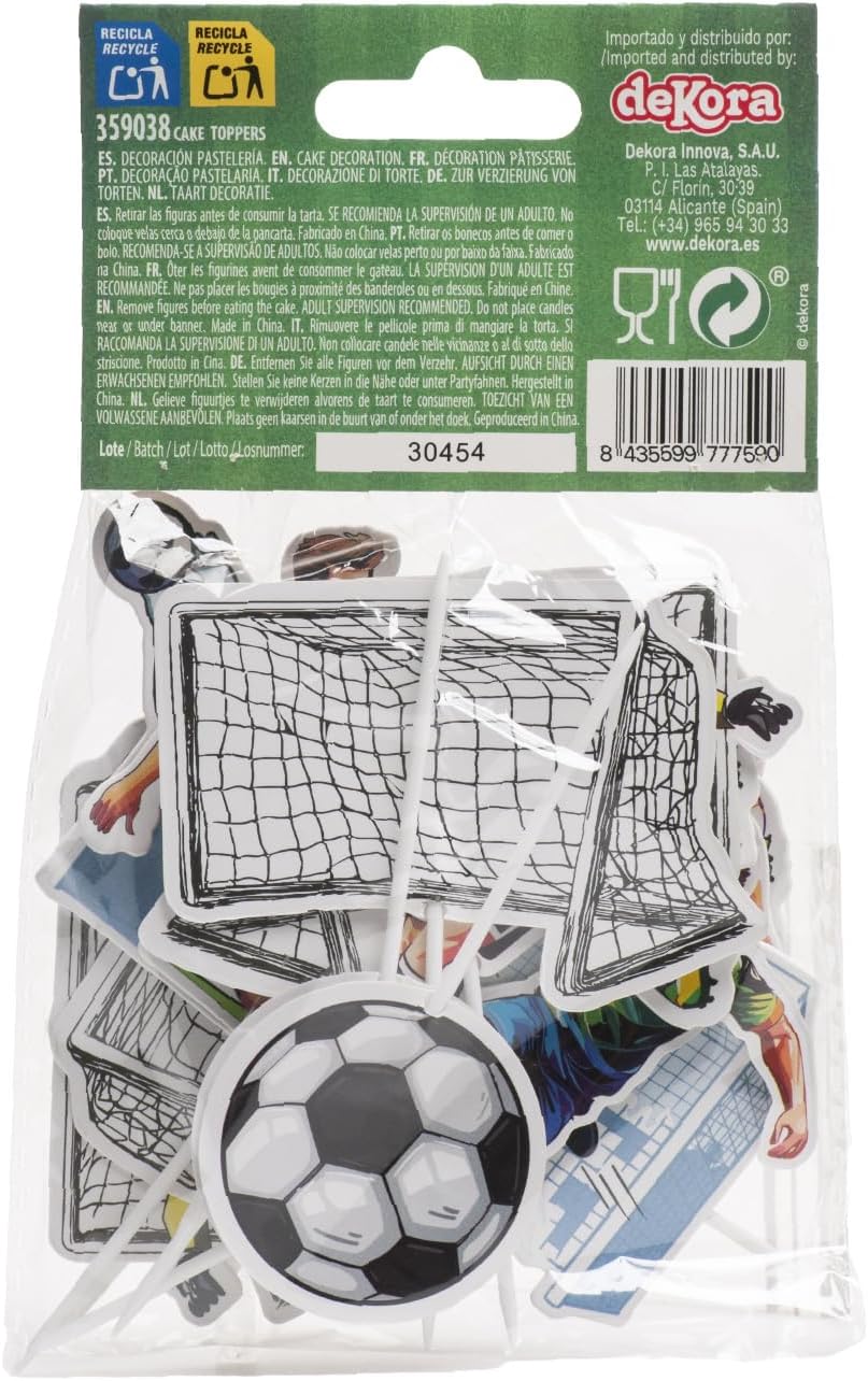 Detalle 2 de dekora fotbollstårtdekorationer, 16 delar med 8 motiv i papper och plast