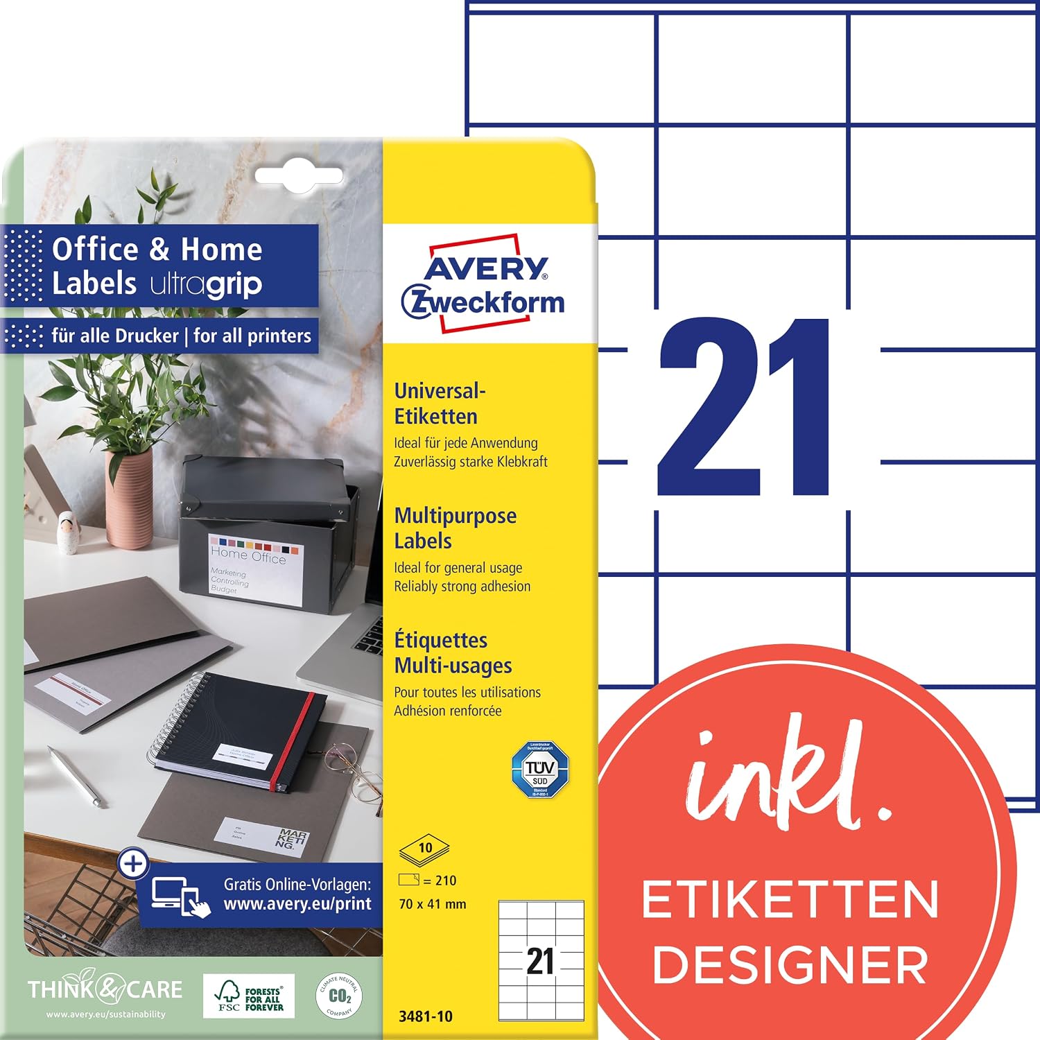 Detalle de AVERY Zweckform 3481-10 adresetiketten 70 x 41 mm, 210 stuks