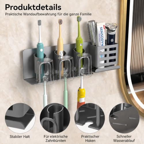 Detalle de KEXIBO Zahnbürstenhalter Wand Ohne Bohren – Aluminium, Klebehalterung für 3 Becher, Bad Organizer Grau
