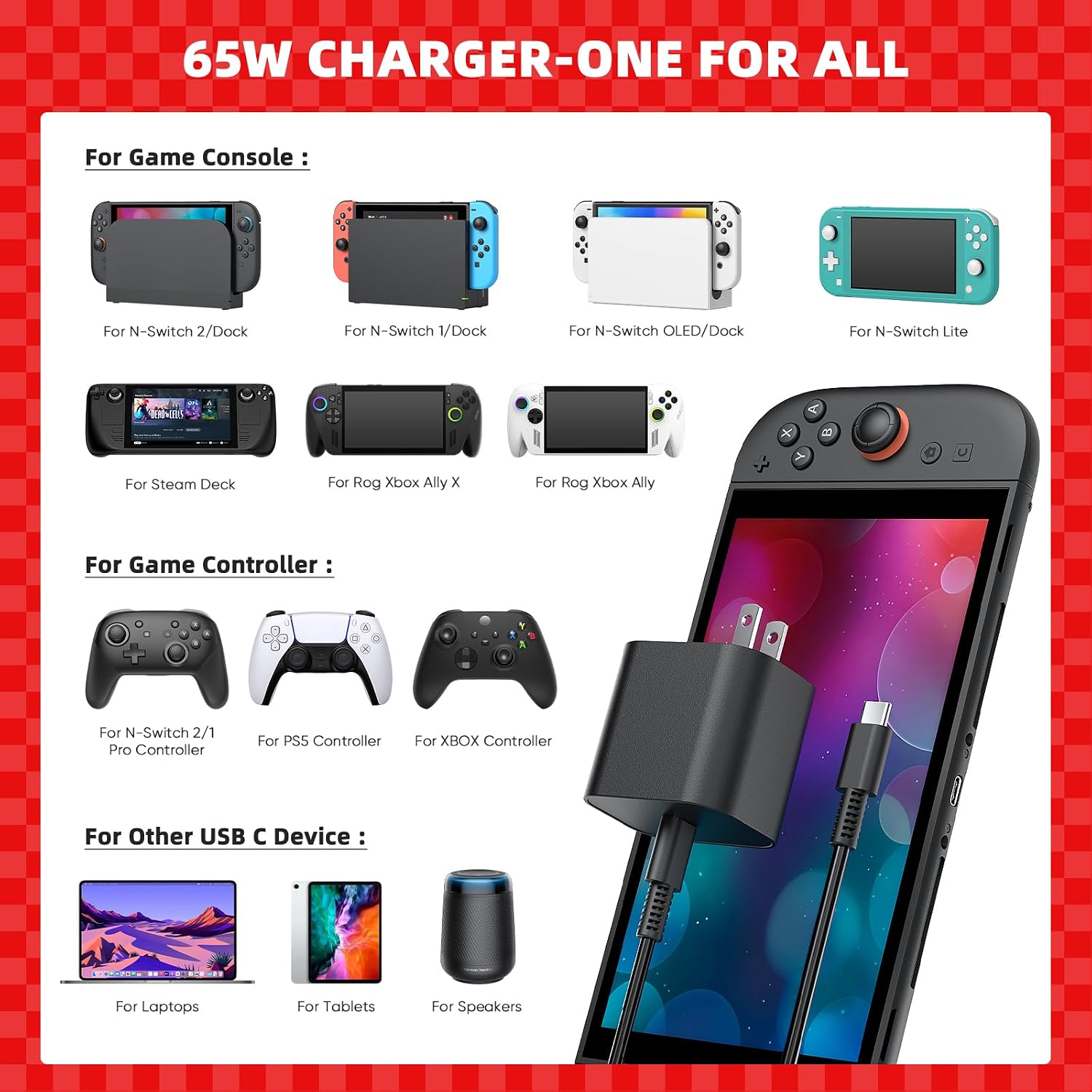 Thumbnail 6 de 65W GaN Charger for Switch 2 with 6.6 ft Cable — Upgraded PD3.0 Fast Charge for Docked 4K Play