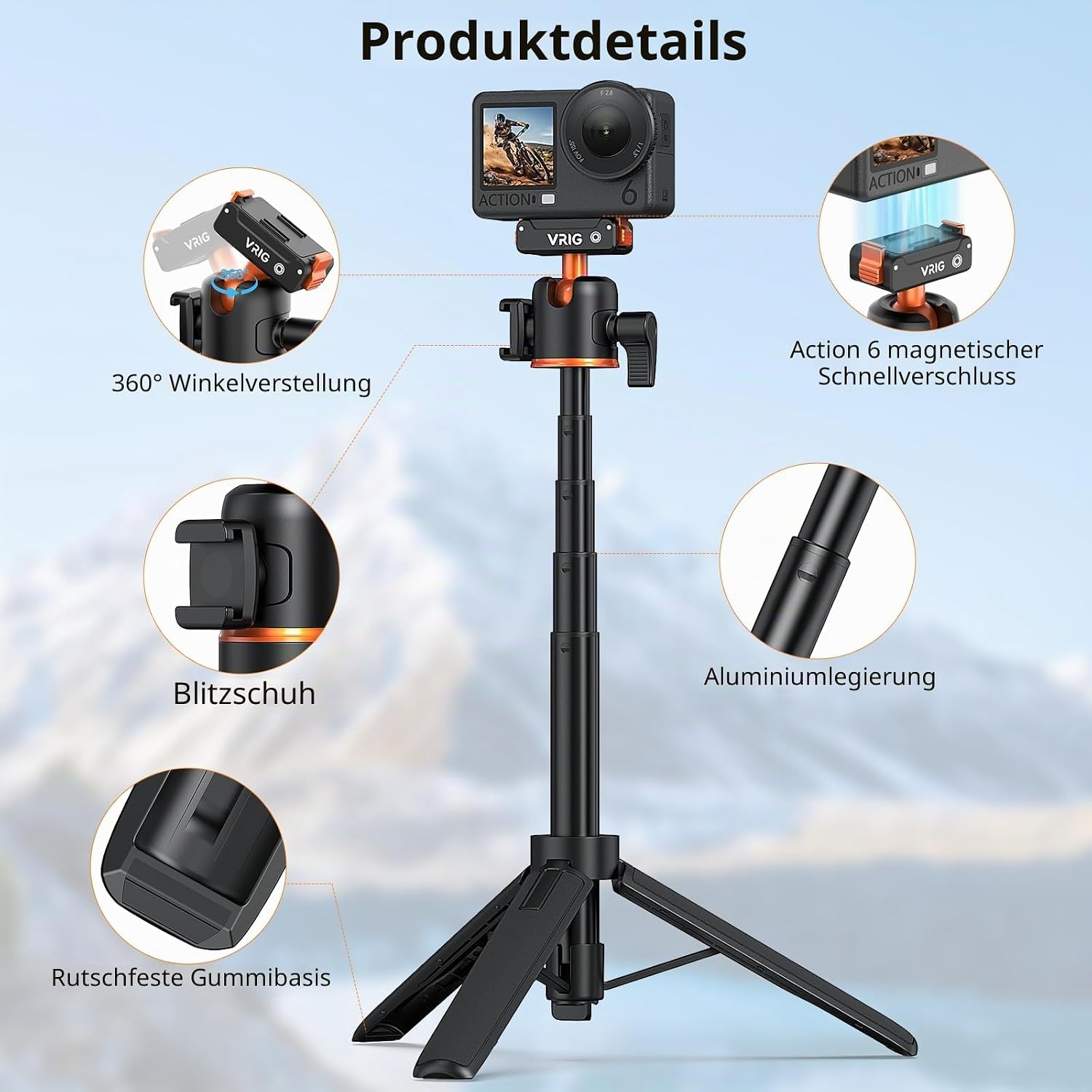 Detalle de VRIG 54 cm Action Kamera Selfie Stick Stativ für DJI Osmo Nano/Action 6 mit Zweiwege Magnetverschluss
