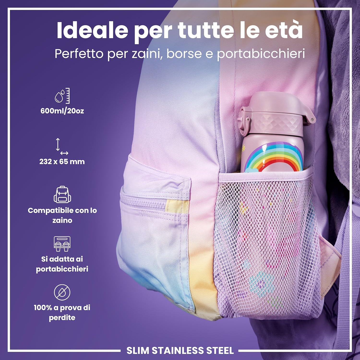 Detalle de Ion8 Borraccia Inox Leggero 600ml – non isolata, anti-perdite, lavabile in lavastoviglie, lilla unicorno