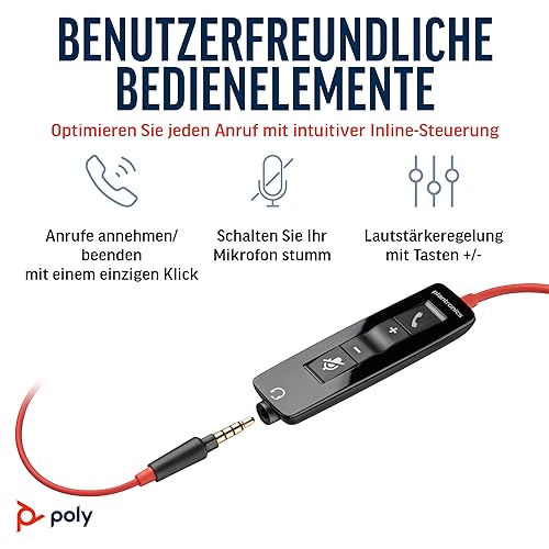 Detalle de Schnurgebundenes Headset Poly Blackwire 5210 von Plantronics – flexibler Mikrofonarm, Noise Cancelling, USB-C/USB-A/3,5 mm, Teams/Zoom kompatibel
