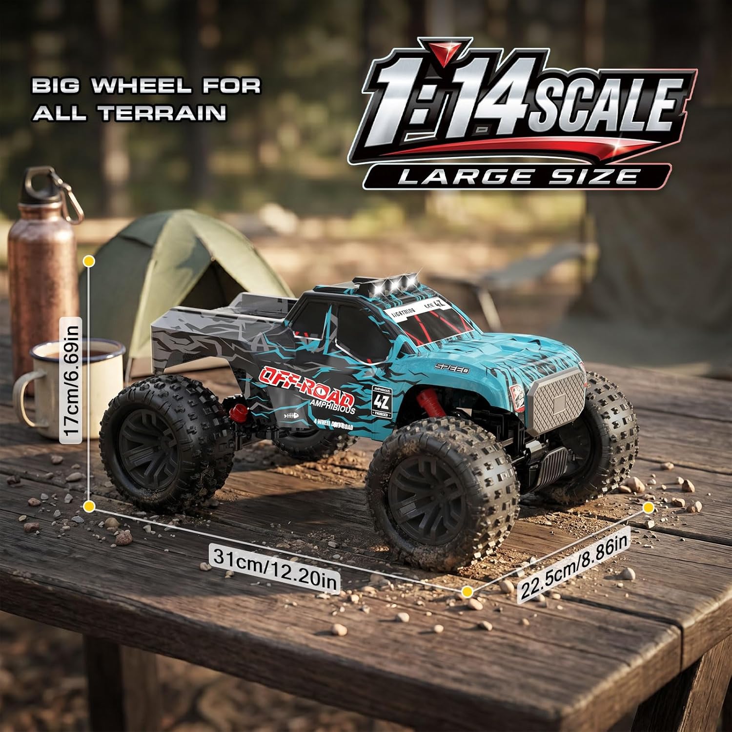 Detalle de YESHIN Voiture télécommandée amphibie 1:14 — 4WD tout-terrain avec 2 batteries et lumière LED