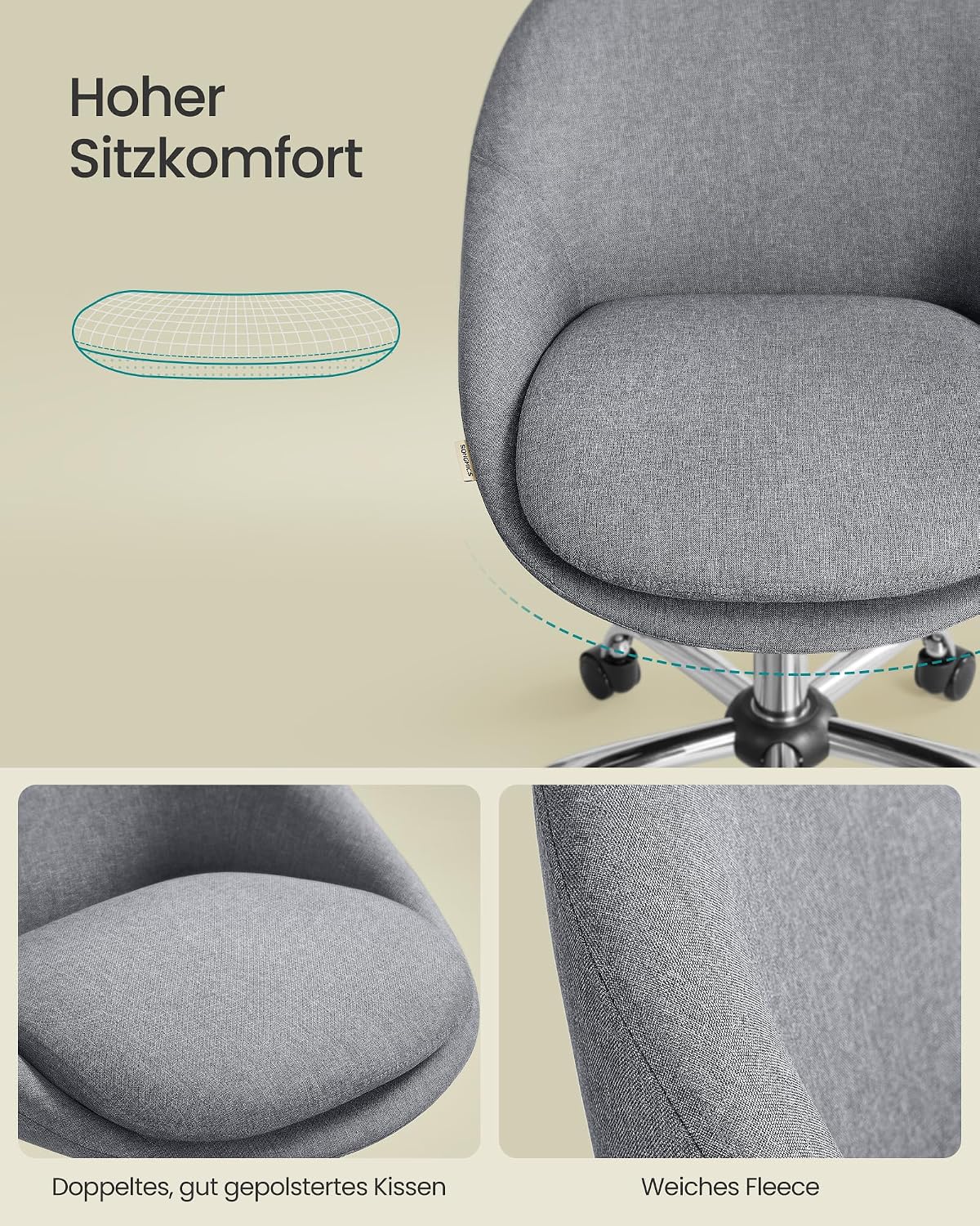 Detalle de SONGMICS Homeoffice- & Schminkstuhl OBG020G05 (höhenverstellbar, 360° drehbar, ohne Armlehnen)