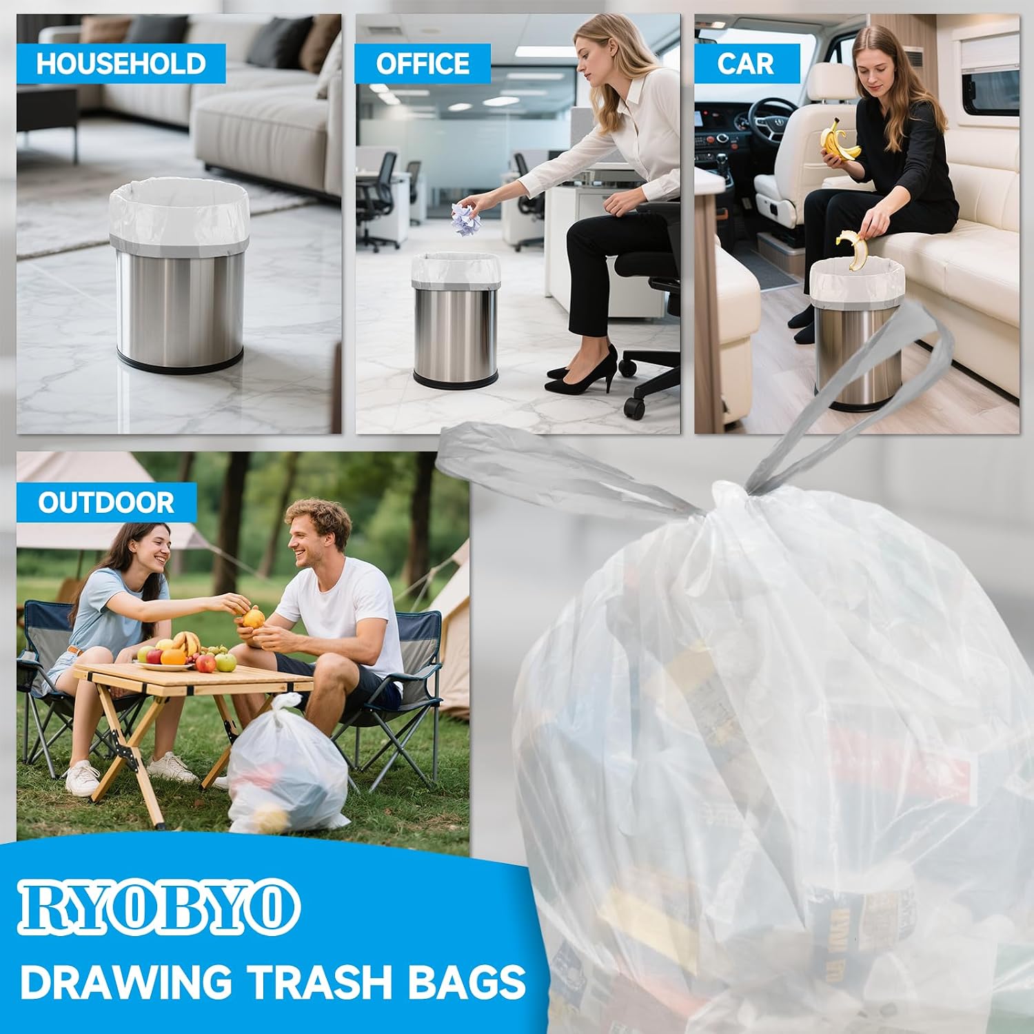 Thumbnail 6 de Ryobyo 8-Gallon Drawstring Trash Bags, 1.5 Mil HDPE, Unscented, 90-Count