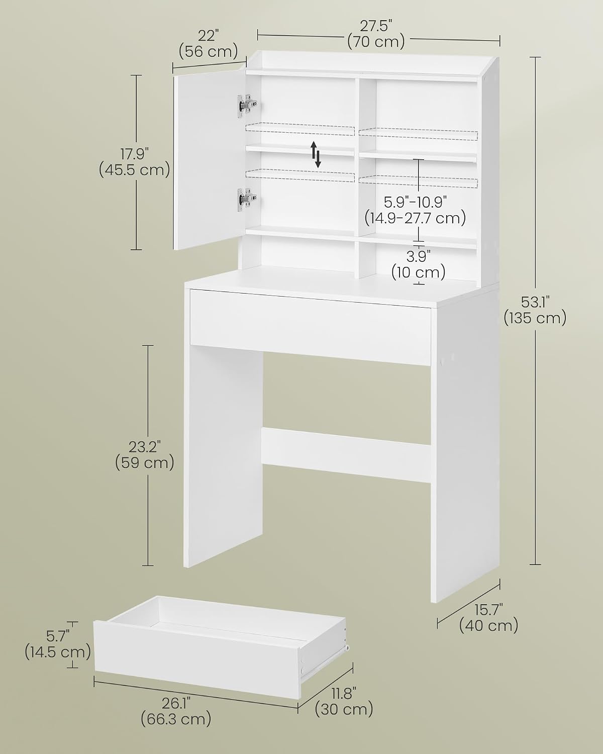Thumbnail 6 de VASAGLE RDT118W01 Dressing Table with Mirror, Adjustable Shelves and Drawer