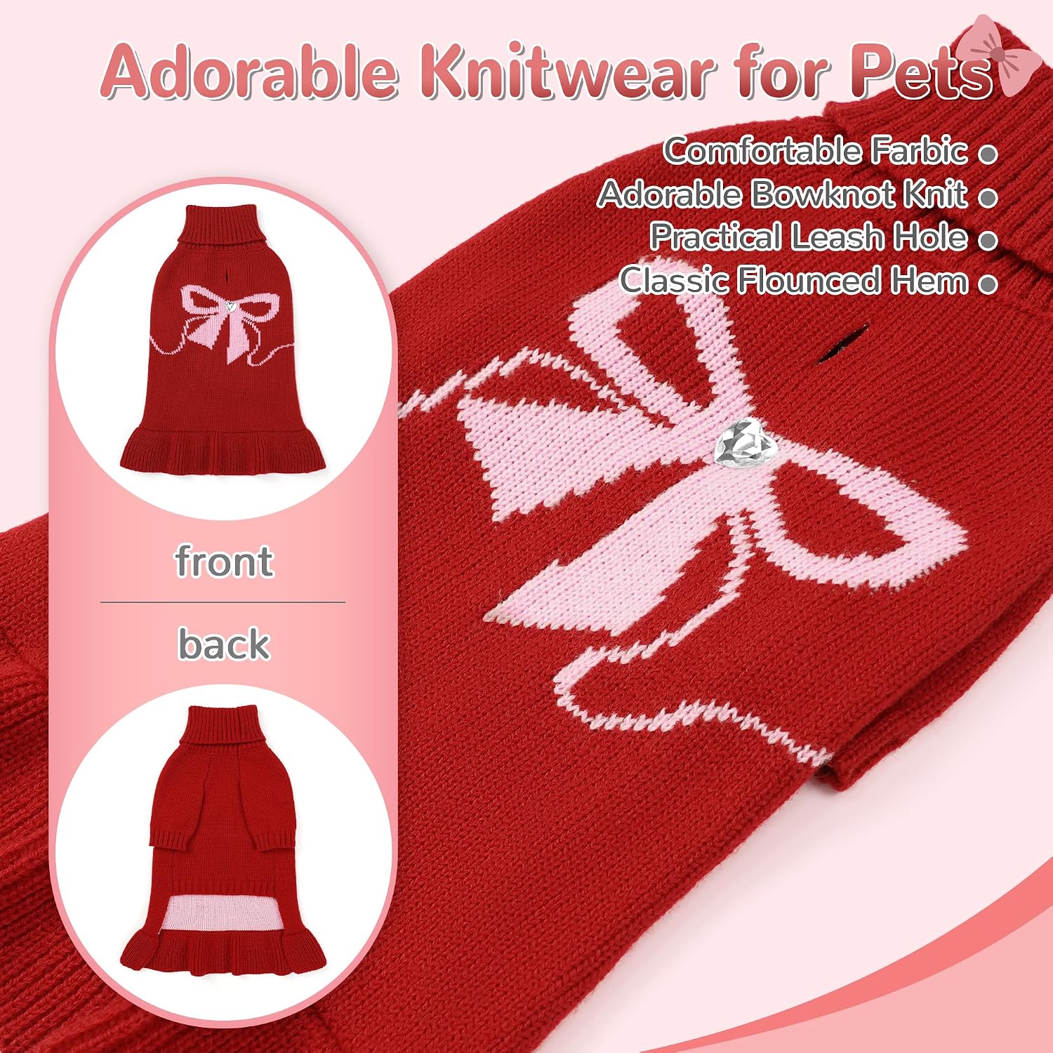 Detalle 2 de YUDODO YU89013RED0M1 Dog Sweater Dress, Red Stretch Knit with Turtleneck