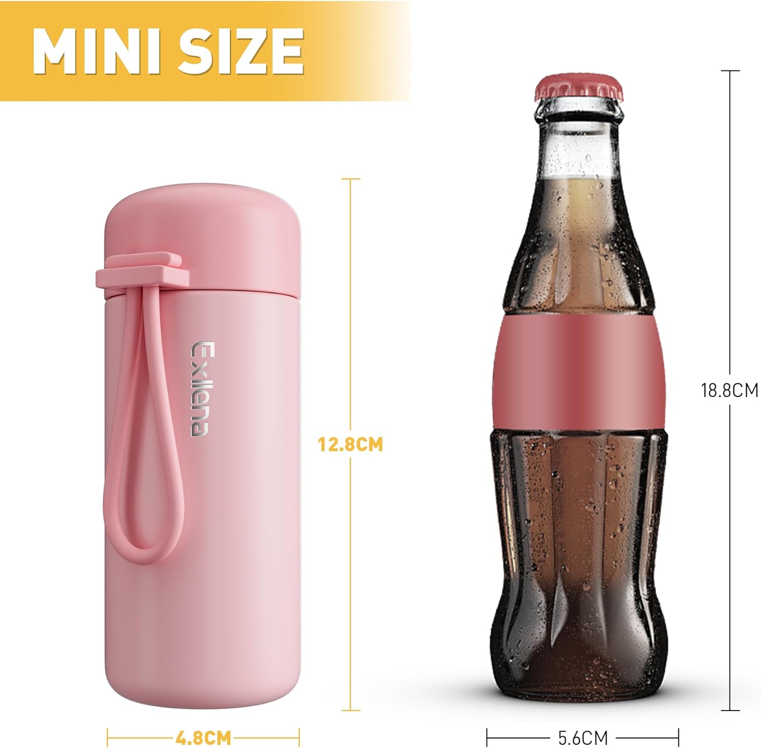 Detalle de Exllena Small Flask 150ml – 304 Stainless Steel, Double‑Wall Vacuum Insulation, Leakproof with Carry Handle (Pink)