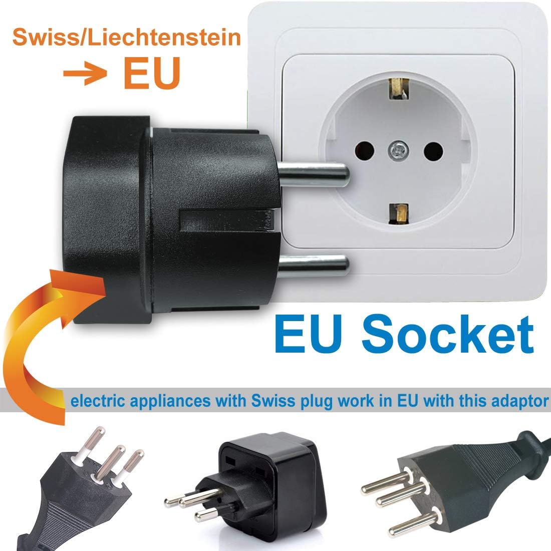 Thumbnail 5 de Schweiz/Liechtenstein-auf-EU Adapterstecker: Schweizer 3-polig auf 2-polige Steckdose (2 Stück, schwarz)