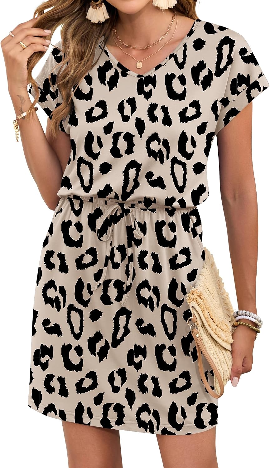 Detalle de WNEEDU Women's Summer Dress, V-Neck, Drawstring Waist and Side Pockets