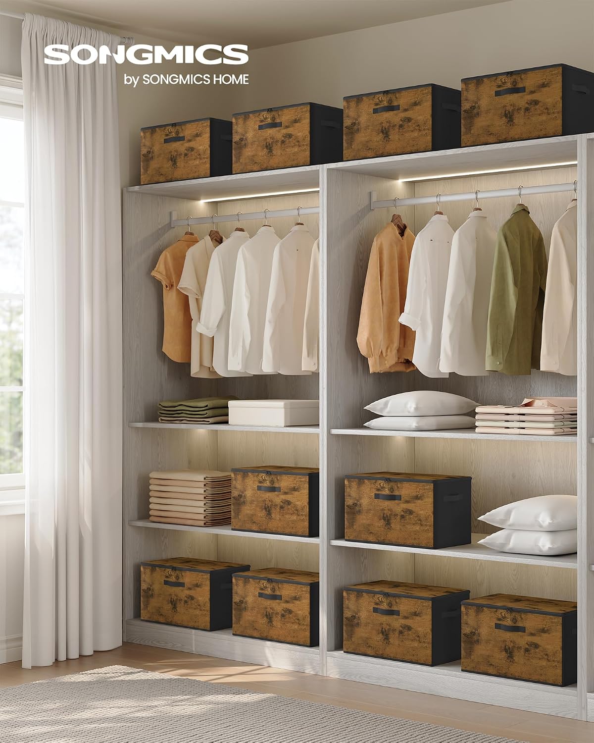 Detalle de SONGMICS Aufbewahrungsbox mit Deckel (6er Set) faltbar, mit Griffen – Vliesstoff, vintagebraun RYZ103BH03, 40 x 30 x 25 cm