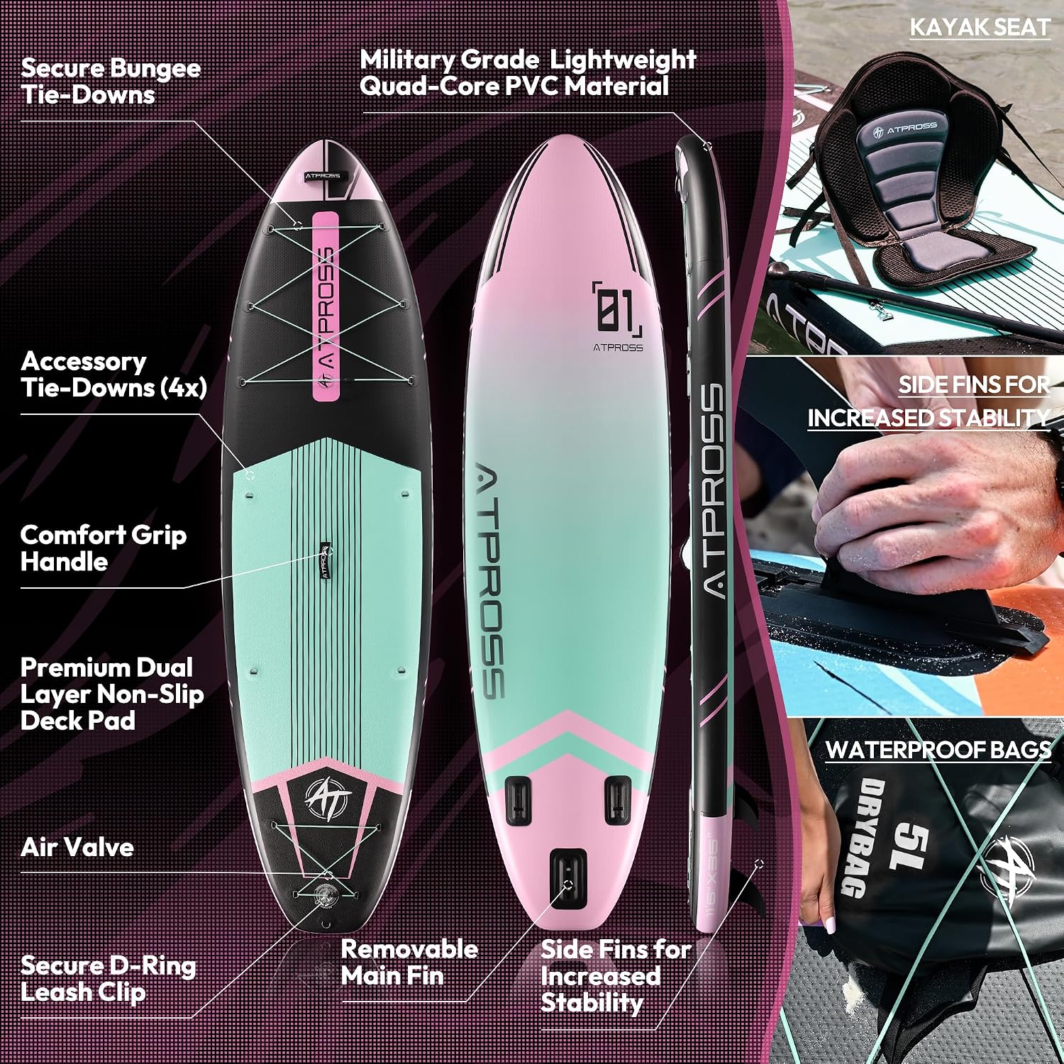 Detalle de ATPROSS 11'6" x 35" Inflatable Paddle Board with Premium Accessories Kit