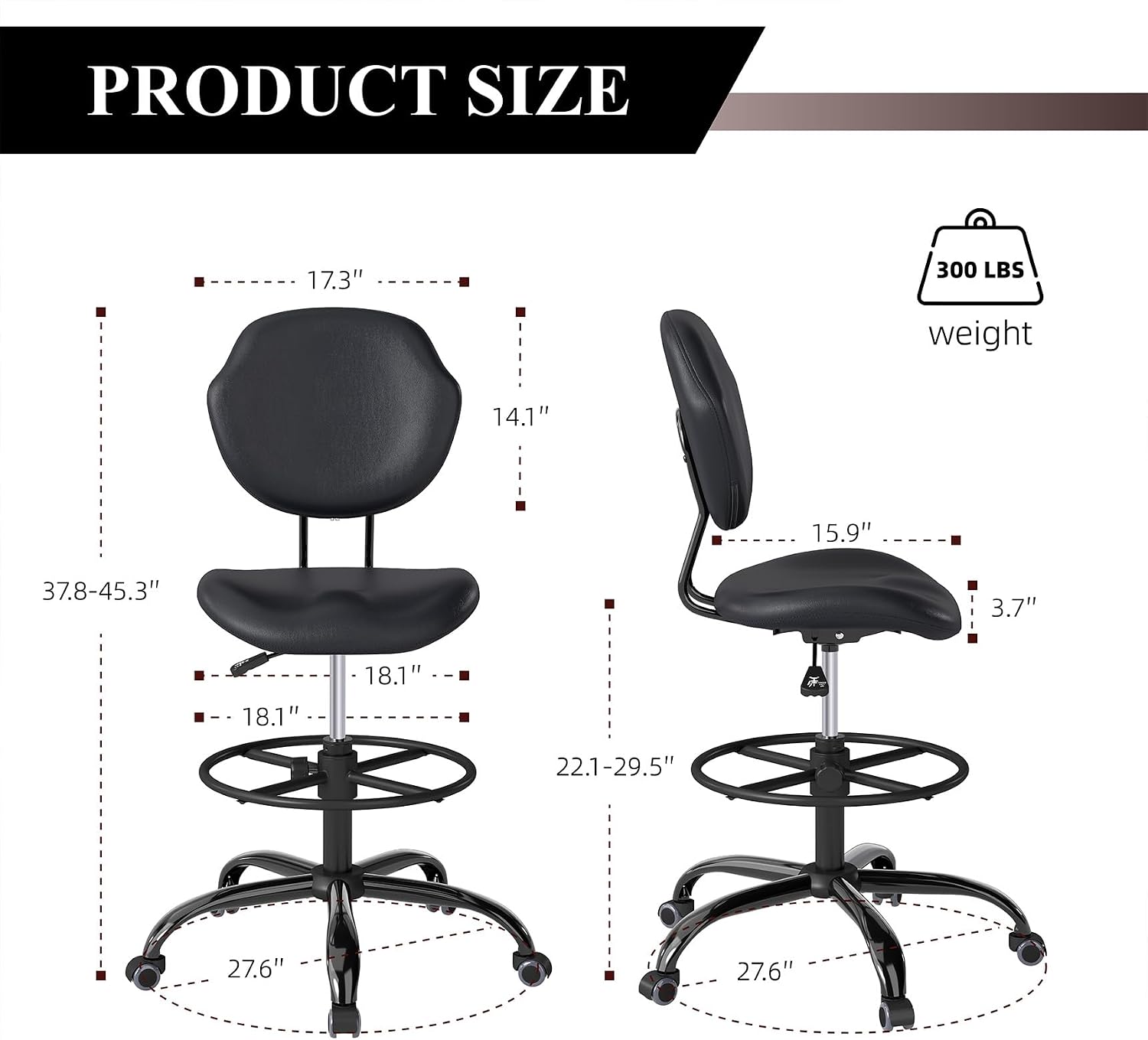 Detalle 2 de Nusetx NS-7227BK Drafting Chair with Back Support, Faux Leather and Footrest Ring