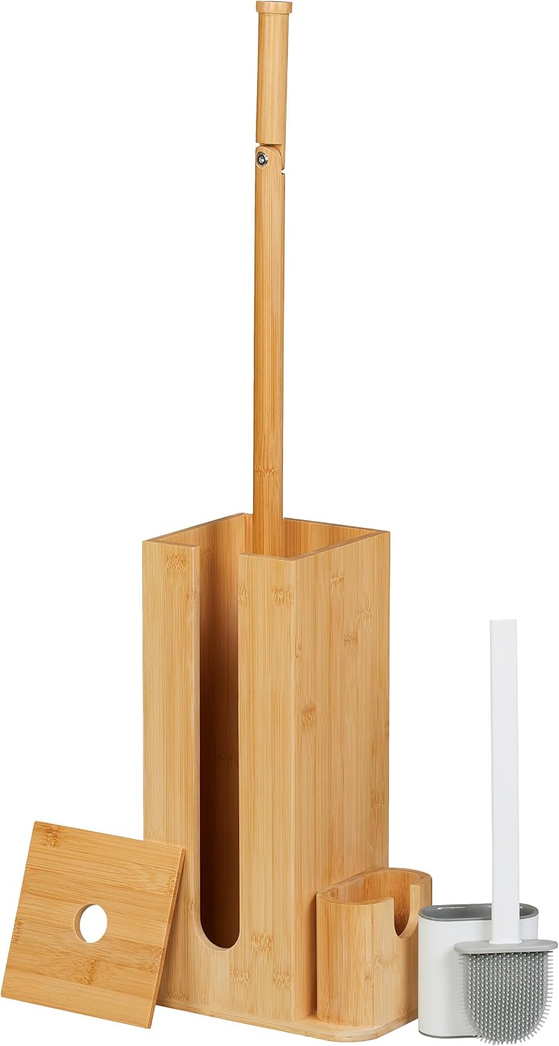 Detalle de Relaxdays Bamboo Toilet Roll Holder and Brush Set, Freestanding 3-in-1