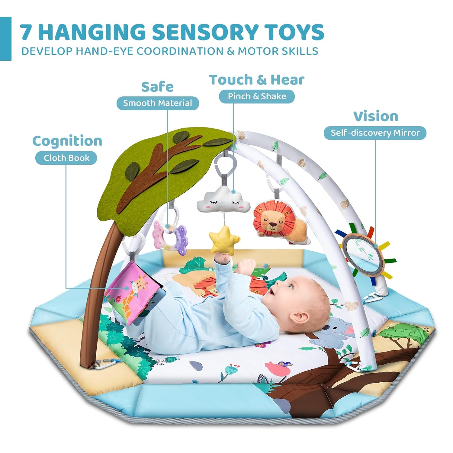 Detalle de Jyusmile 8-in-1 Baby Gym Play Mat with 6 Toys, Washable, Forest Theme