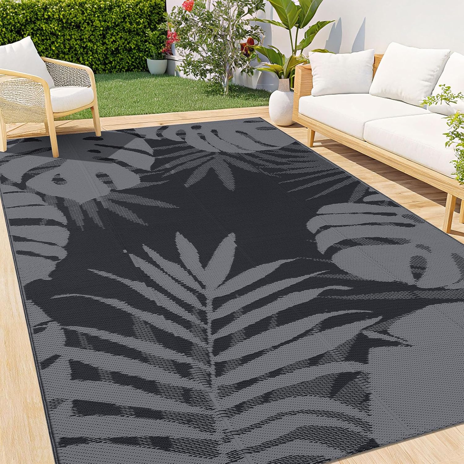 Thumbnail 6 de Homaxy Outdoor Teppich wetterfest aus Kunststoffstroh, faltbar & waschbar (240 x 300 cm) – weiß/grau, wendbar