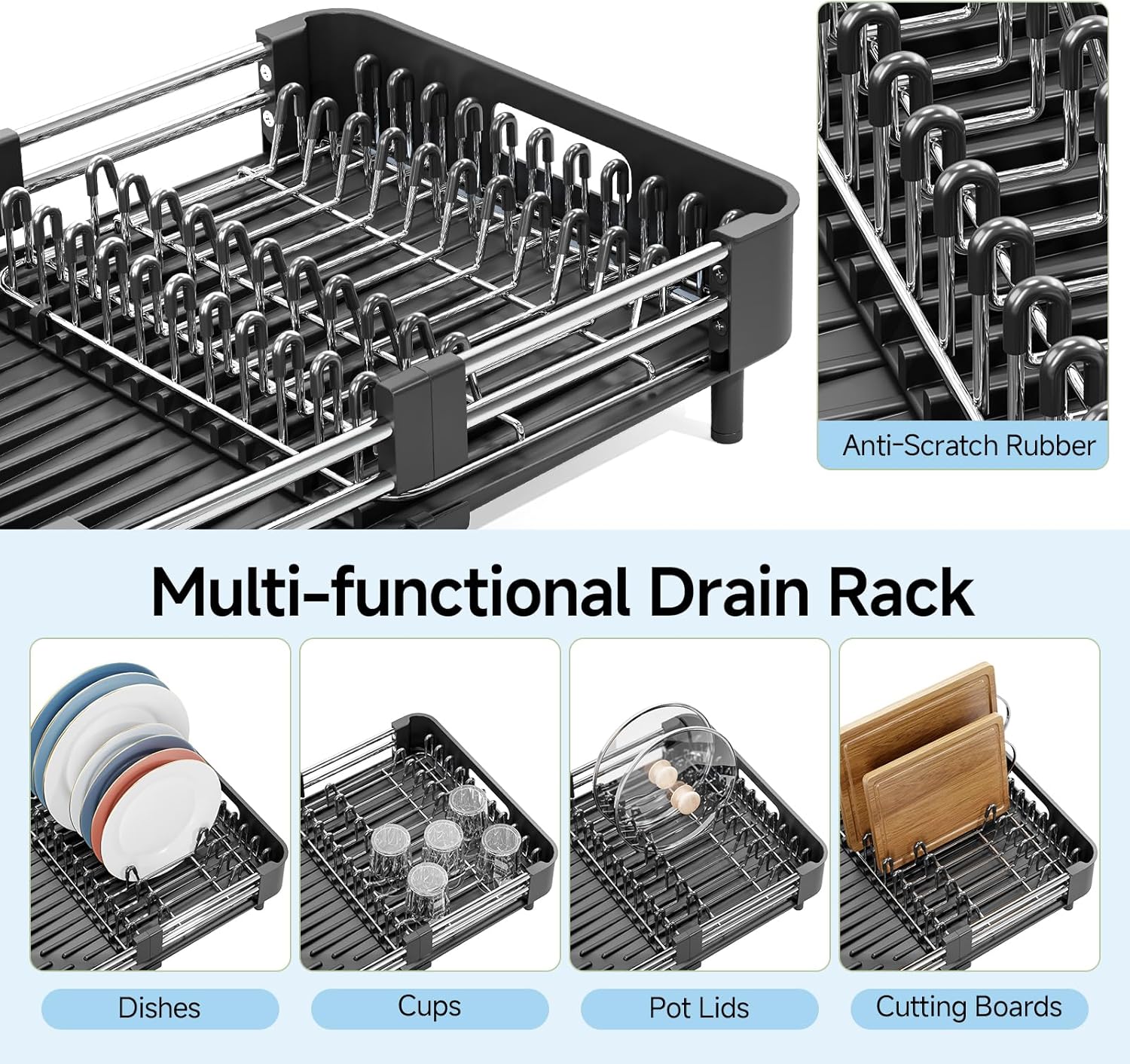 Detalle de KINGRACK extendable dish drainer rack with removable cutlery holder (stainless steel, black)
