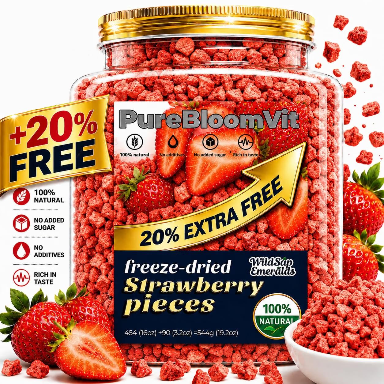 Detalle de WildSap Emeralds Freeze-Dried Strawberries, 19.2 oz Tin, No Added Sugar