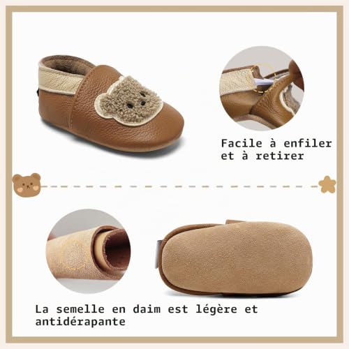 Detalle de IceUnicorn Chausson Bébé en Cuir Souple — Premiers Pas pour Garçon et Fille (Ours Brun Jaune, 12-18 mois)