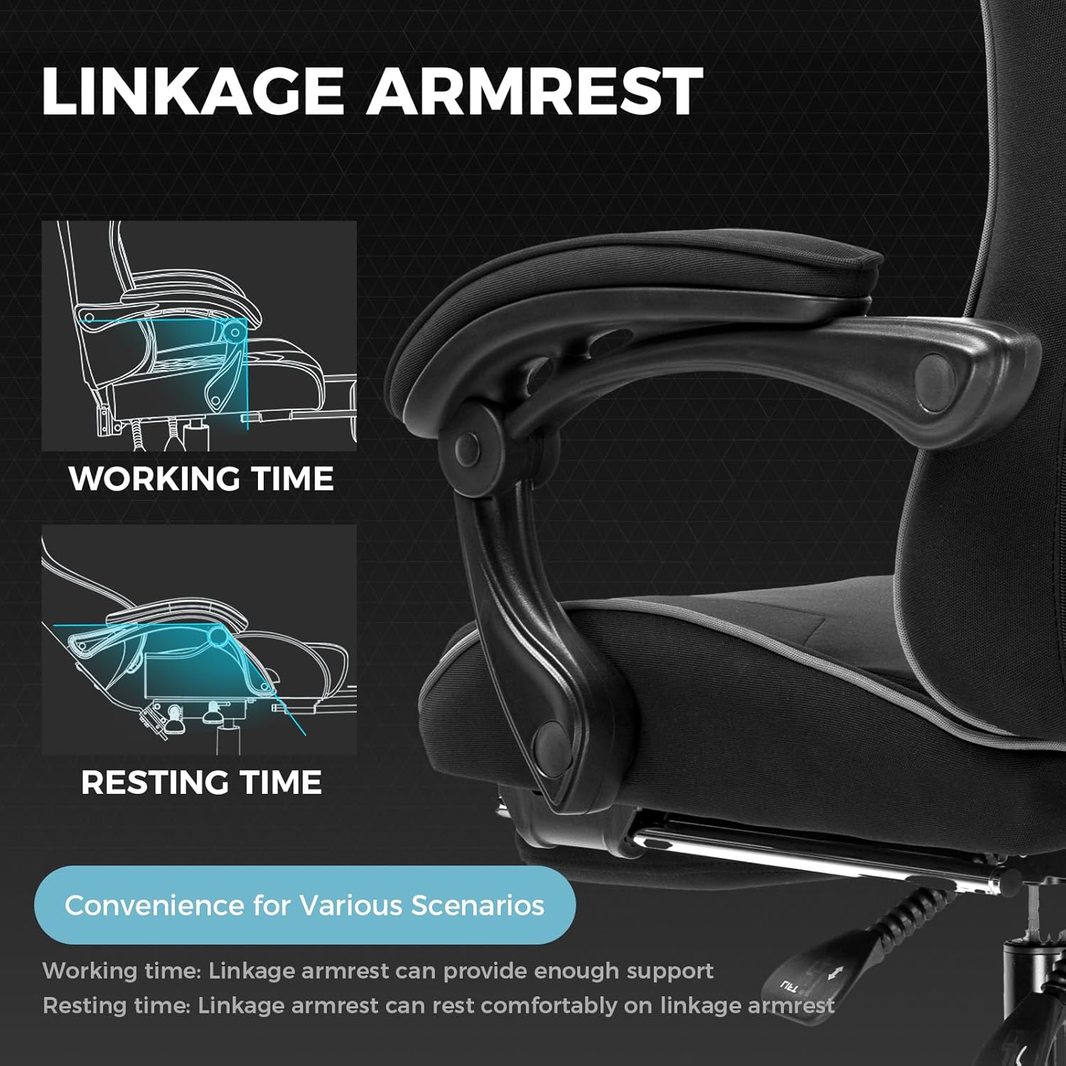 Detalle de GTPLAYER Gaming Chair with Footrest, Lumbar Support, Headrest, and Height Adjustment (Black Faux Leather)