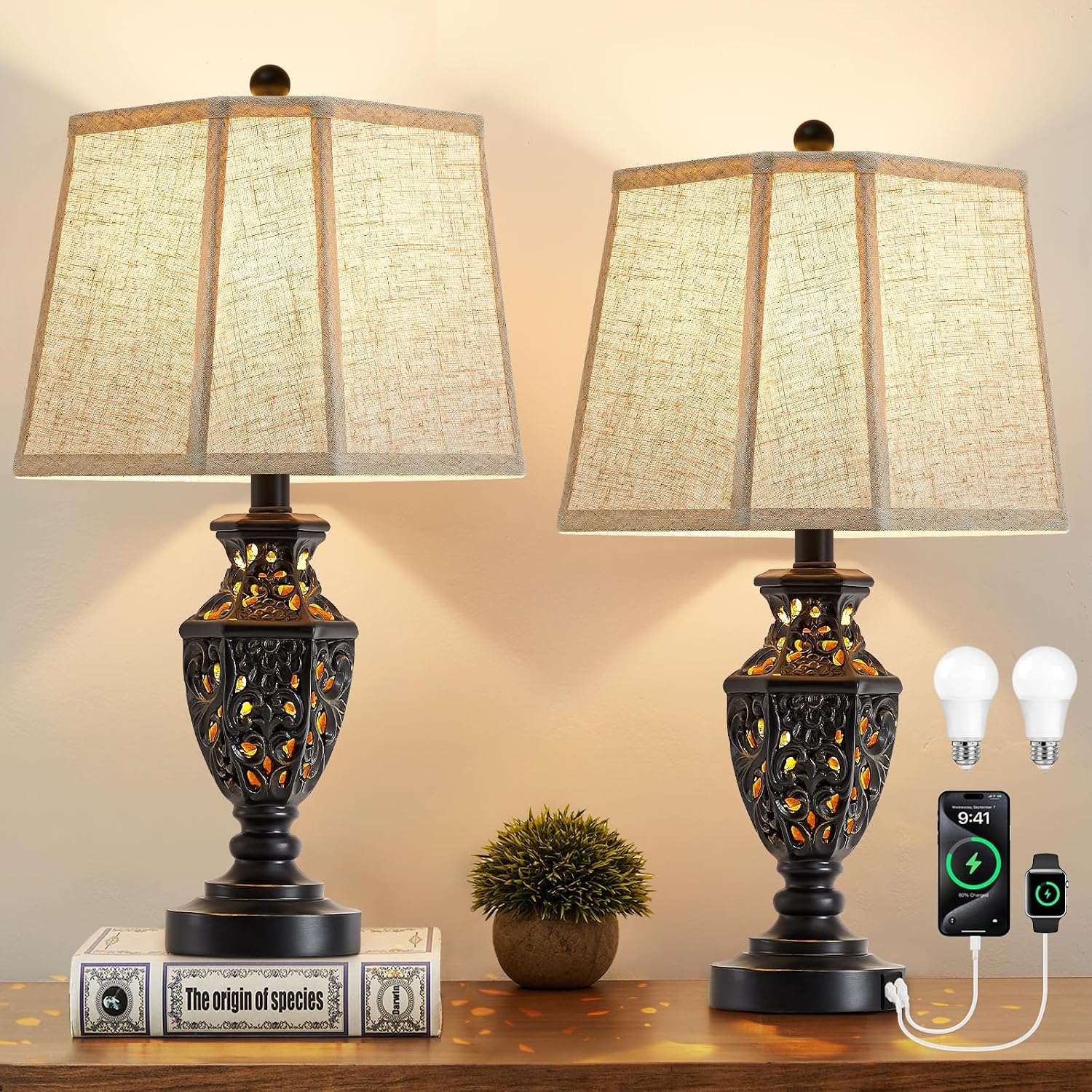 Detalle de EJIAXIN 23.5" Bedside Lamp Set with USB C+A