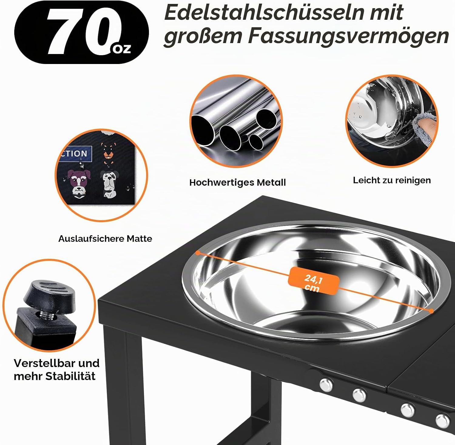 Thumbnail 2 de ADENGL Erhöhter Metall-Hundenapf für große Hunde – 2 Edelstahlnäpfe, 2000 ml, spritzwassergeschützte Matte, 39,4–40,6 cm Höhe