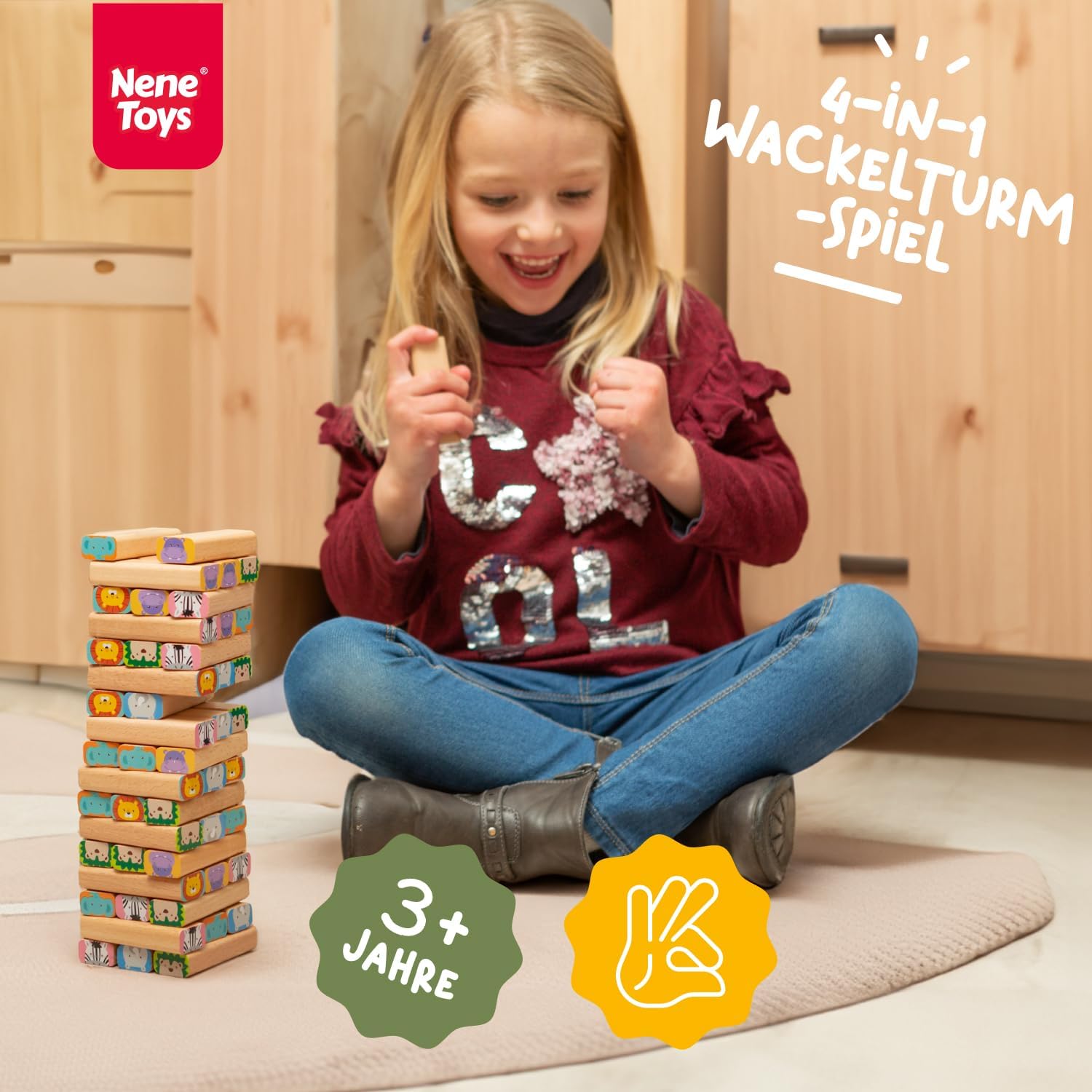 Detalle 2 de Nene Toys 4-in-1 Holz-Wackelturm aus Buchenholz (Familienspiel & Lernspiel) – Safari-Tierspiel für Kinder 3–9
