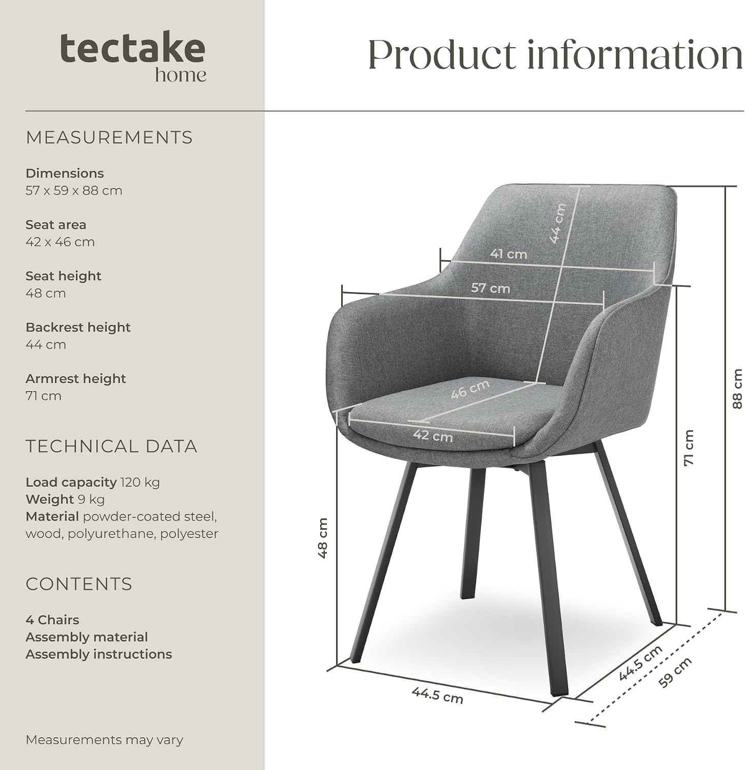 Detalle de tectake Alicon 405482 matstolar, 4-pack med armstöd och 360°-snurr