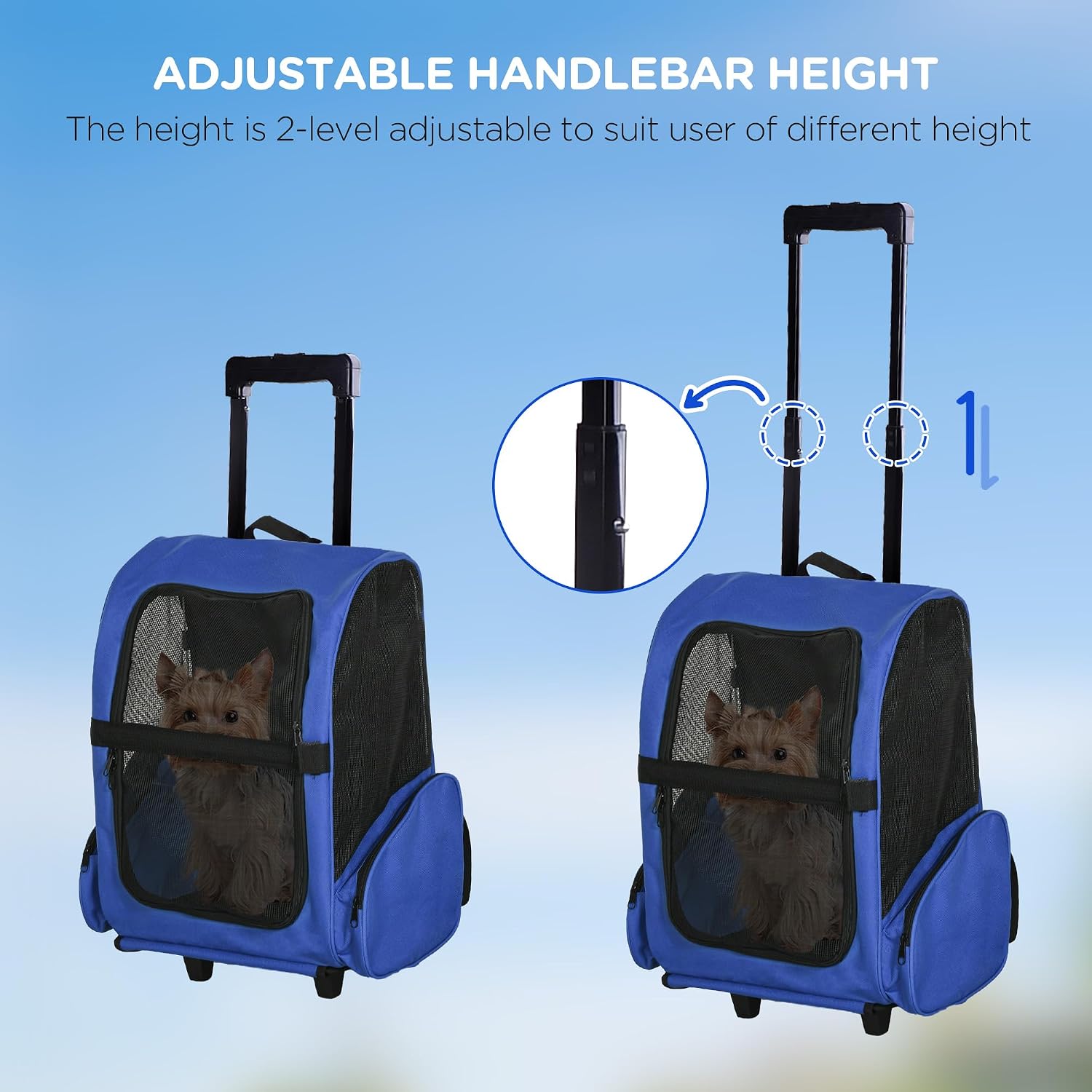 Detalle de PawHut Pet Travel Backpack Bag Carrier with Trolley and Telescopic Handle (Blue)