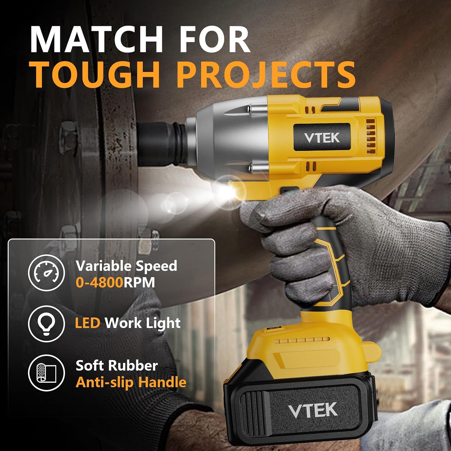 Detalle 2 de VTEK Brushless 1/2 Inch Cordless Impact Wrench – 700 Nm Max Torque, 515 ft-lb Breakaway