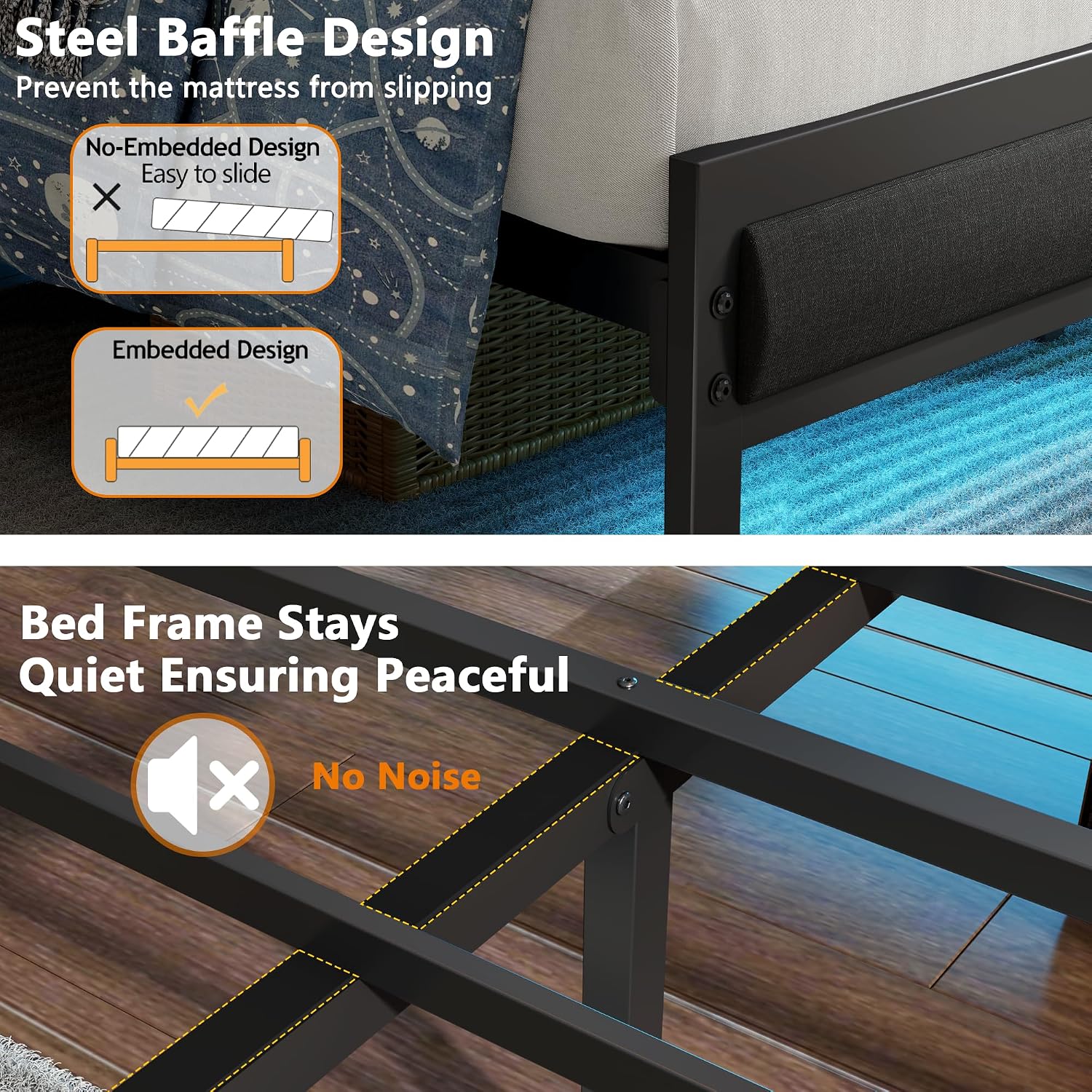 Detalle 2 de Furnulem Twin Bed Frame with RGB LED Lighting, Charging Station and Upholstered Headboard