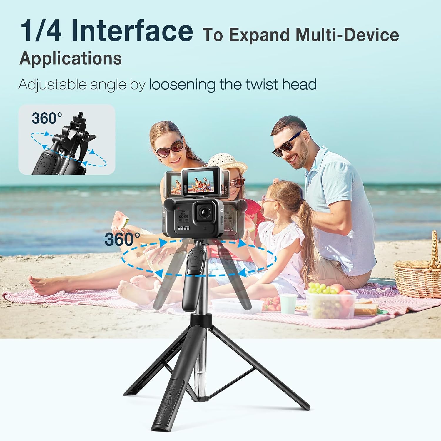 Detalle de Vinabo Perche à Selfie Bluetooth 3 en 1 – Trépied Smartphone extensible jusqu’à 160 cm avec télécommande et rotation 360°