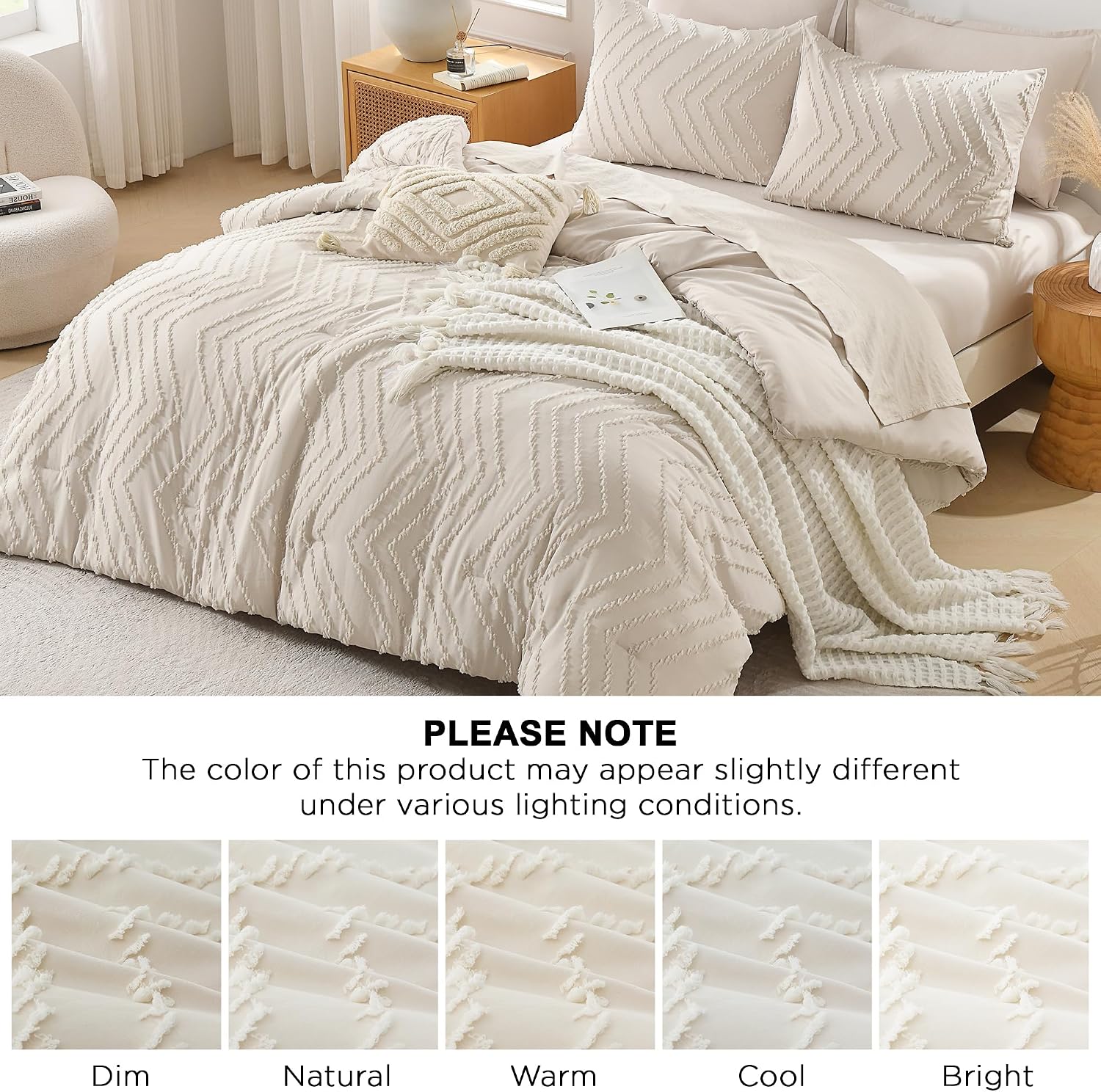 Detalle de Andency Queen Comforter Set Beige (Queen Size, 3-Piece Boho/Cream Neutral Bedding)