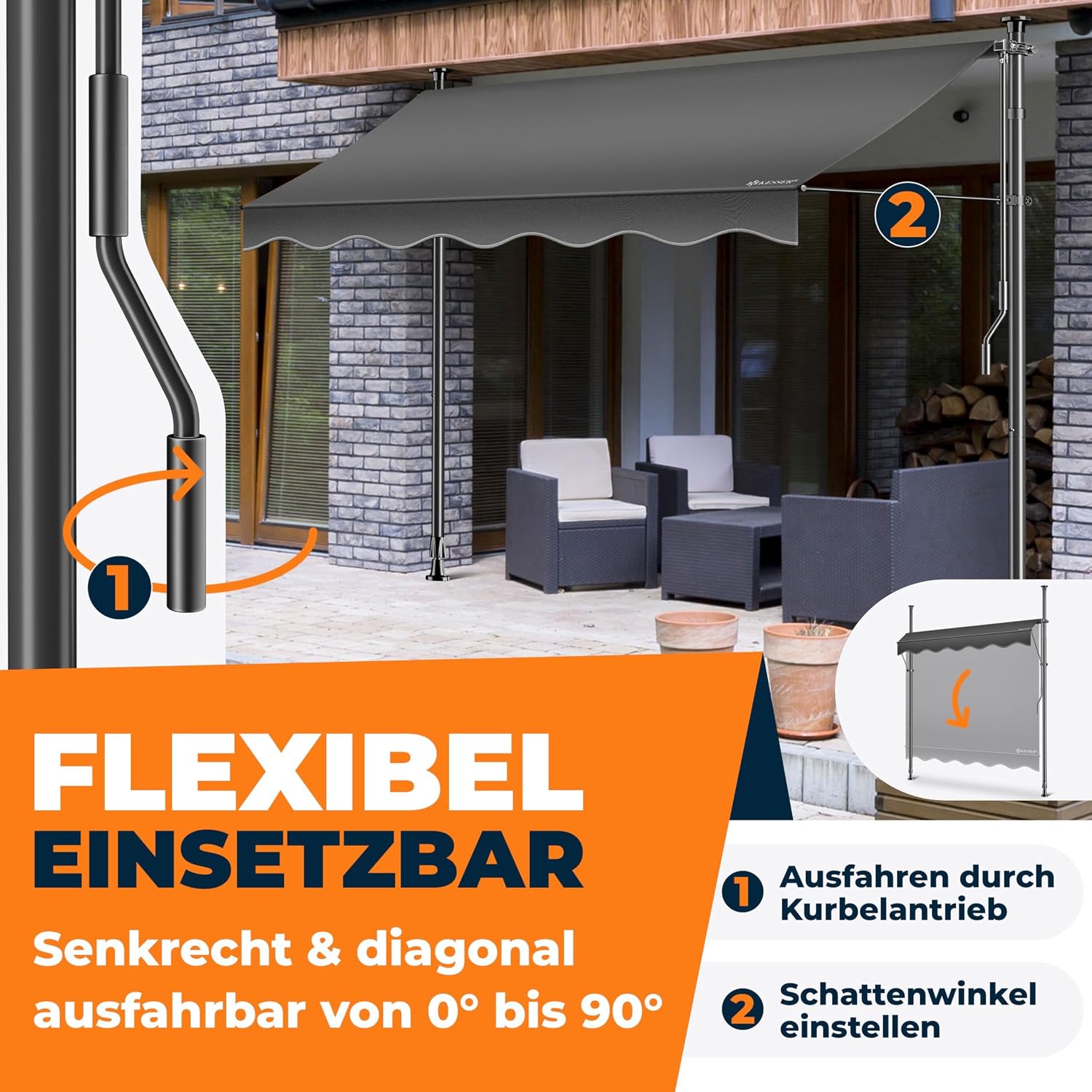 Thumbnail 1 de KESSER Klemmmarkise mit Handkurbel für den Balkon (150 cm) – UV-beständig, ohne Bohren