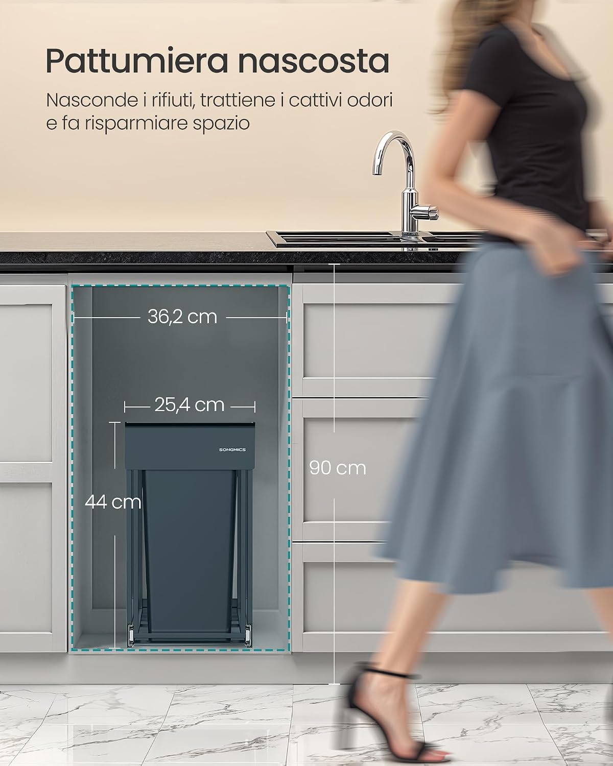 Detalle de SONGMICS Pattumiera da Cucina per Raccolta Differenziata, 2x15 L, Cestino Estrabile per Mobile, Estraibile con Guide in Acciaio