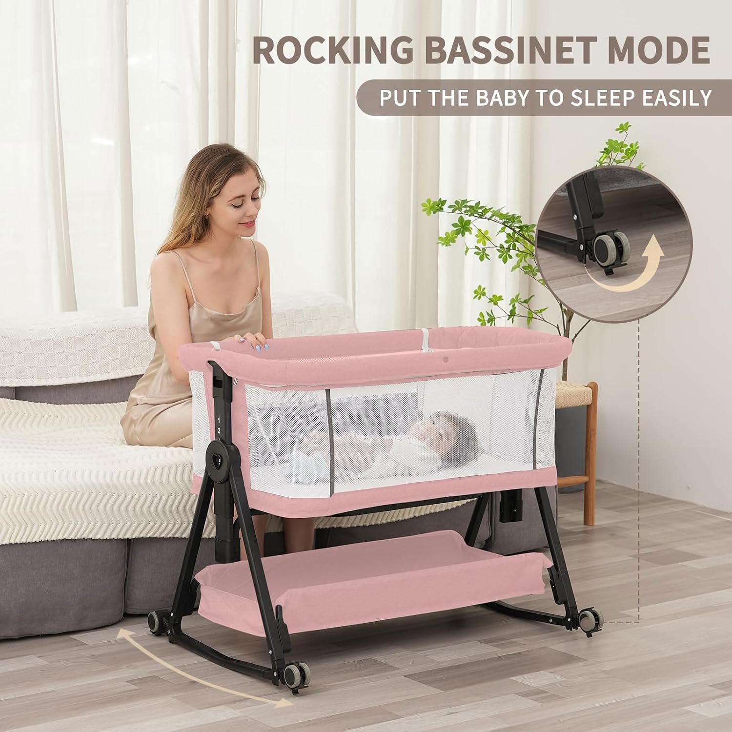 Detalle de Jestonten JJ001 3-in-1 Bedside Bassinet, 7 Height Settings, Pink