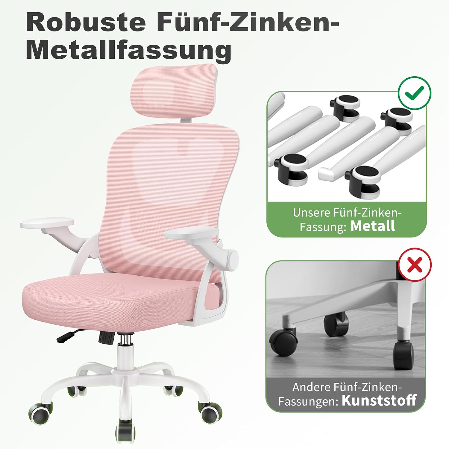 Detalle de naspaluro Ergonomischer Schreibtischstuhl Rosa – Kompakter Drehstuhl mit Kopfstütze und hochklappbaren Armlehnen