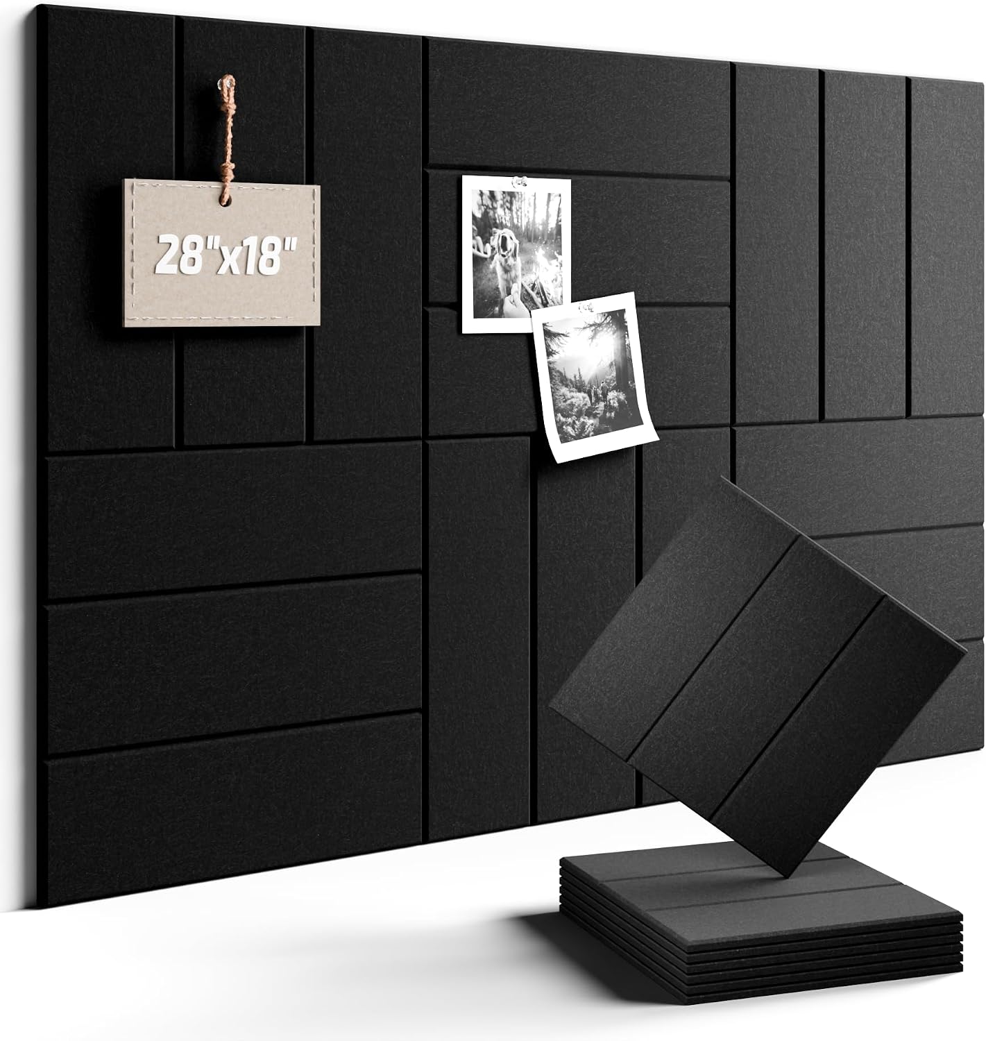 Detalle de Fluxynara FZB-L-S-6-3L-BK Felt Bulletin Board Tiles, Black Bold Stripe, 6-Pack