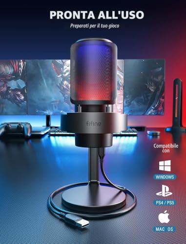 Detalle de FIFINE USB Microfono per PC Gaming PS4 PS5 – Streaming, Podcast e Chat con RGB, Controllo, Muto e Anti-Pop