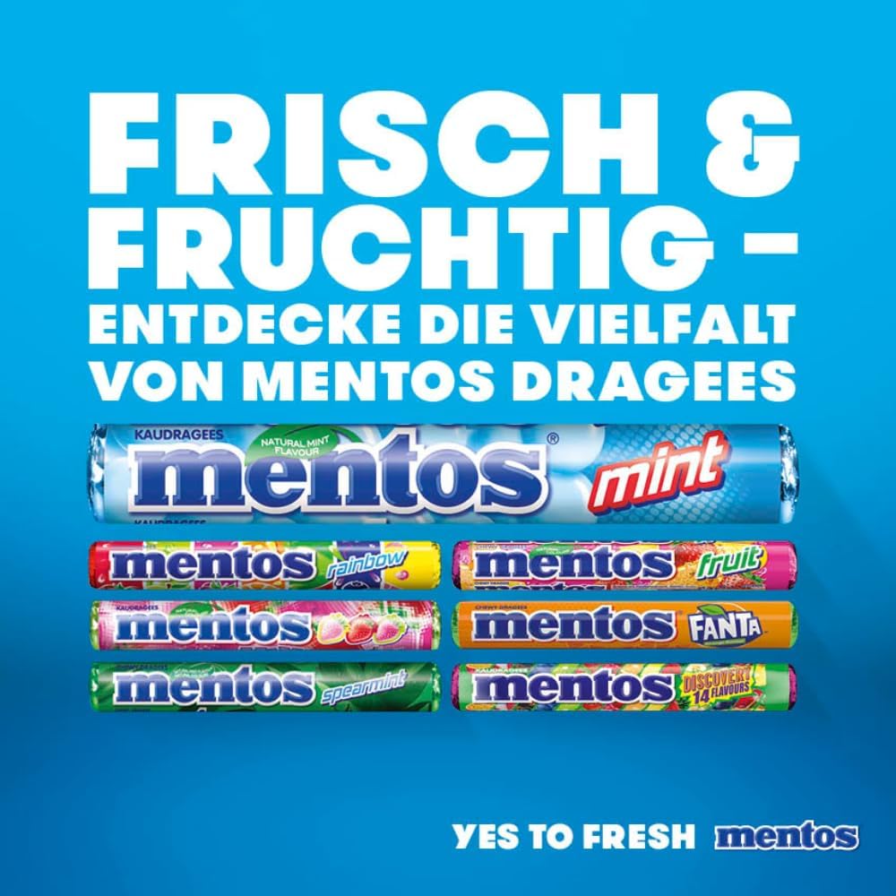 Detalle de Mentos Kaubonbons Mint – Vegane Pfefferminz-Dragees in Multipack (40 Rollen) als Verkaufsdisplay