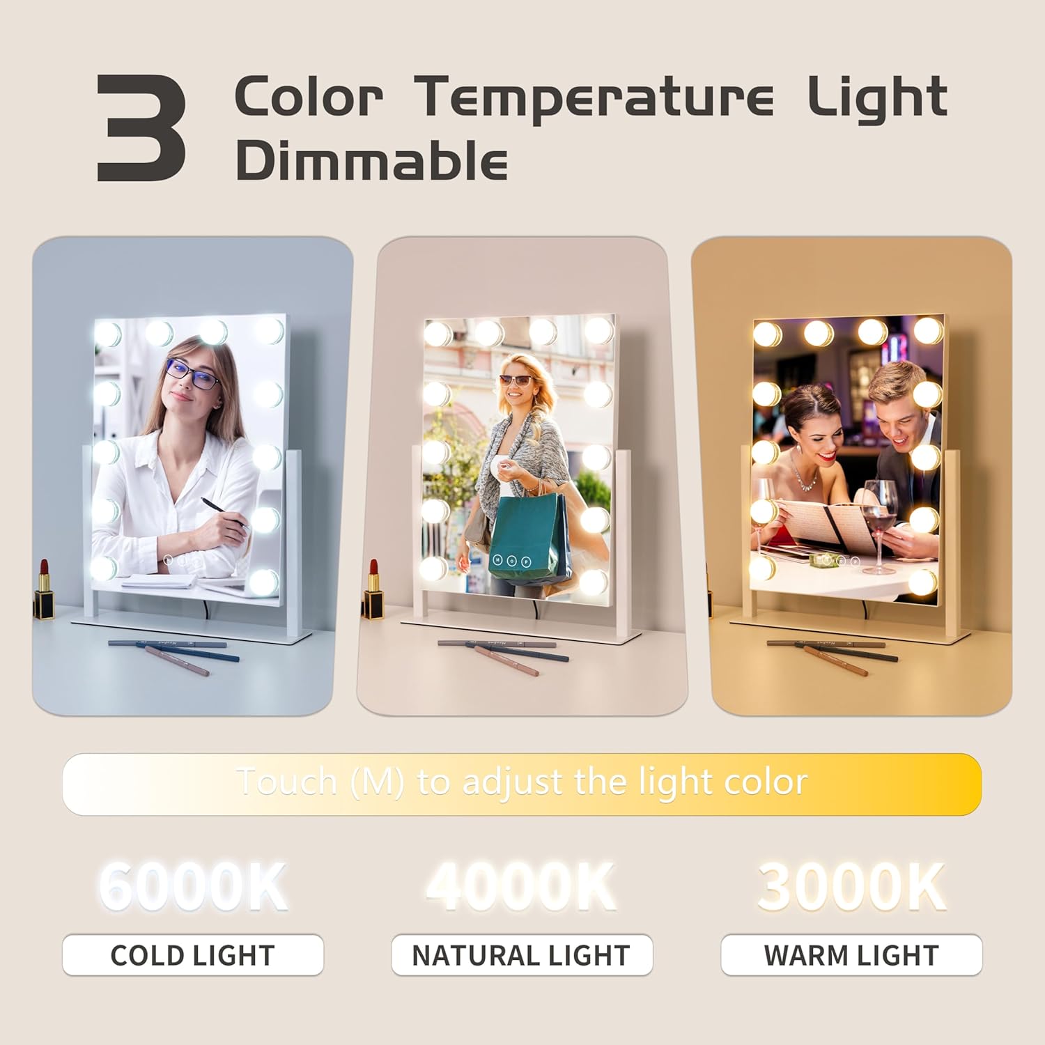 Detalle de Kotdning Lighted Vanity Mirror with 12 Bulbs, 3 Color Modes and 10x Magnifier