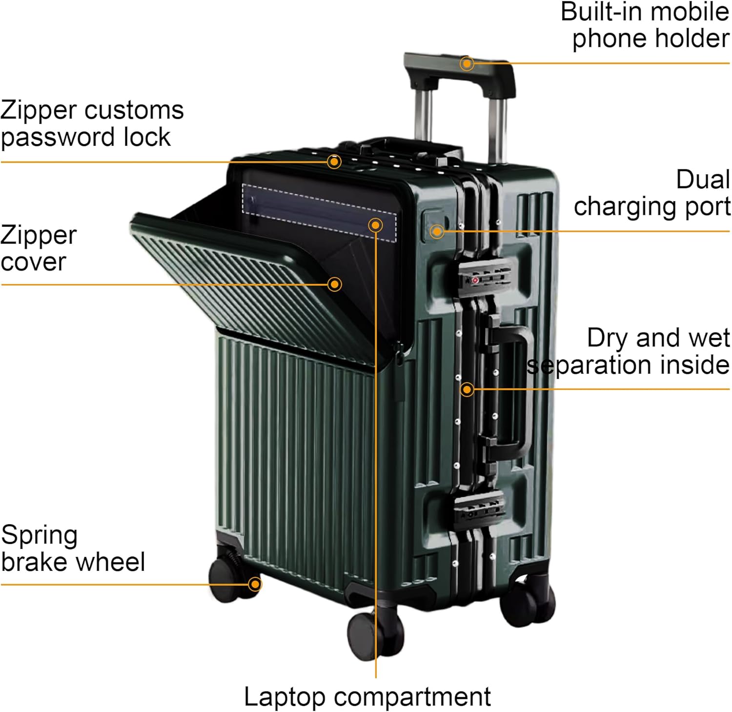 Detalle de AIWEINY 26'' Suitcase Carry-on Luggage – Green, TSA Lock, 360° Wheels, ABS + Aluminum Frame