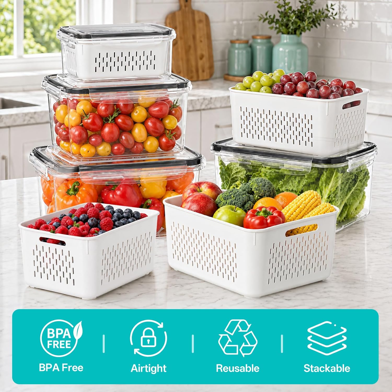 Detalle de HOMETALL 4-Pack Fruit Storage Containers for Fridge: BPA-Free, Mesh Design, 3.4QT to 0.4QT